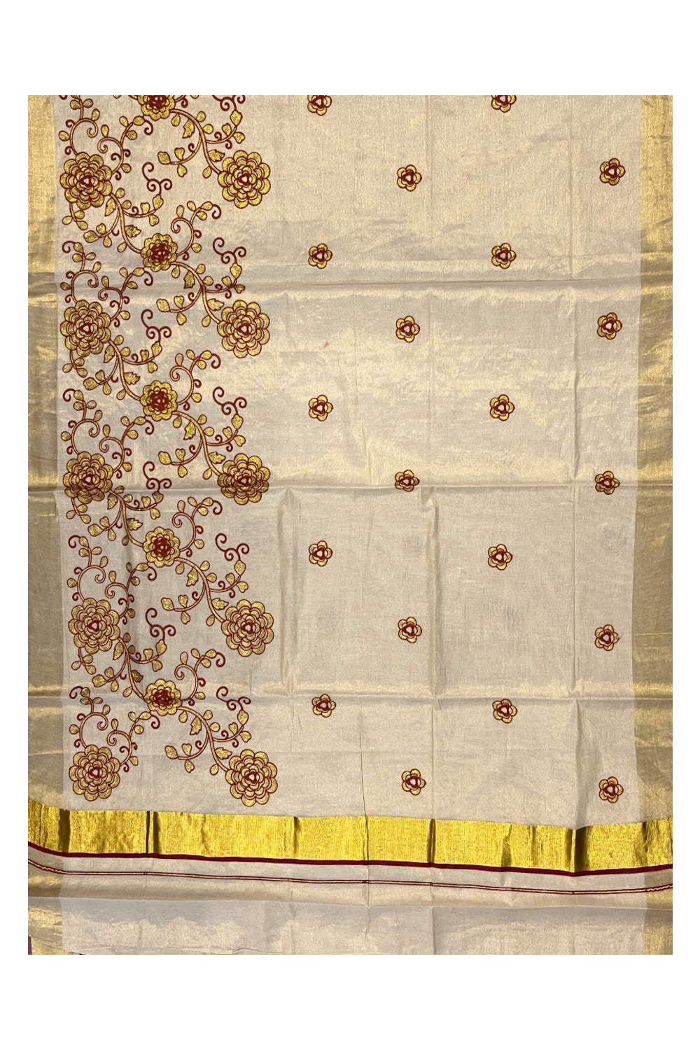 Kerala Tissue Kasavu Saree With Brown and Golden Floral Embroidery Works