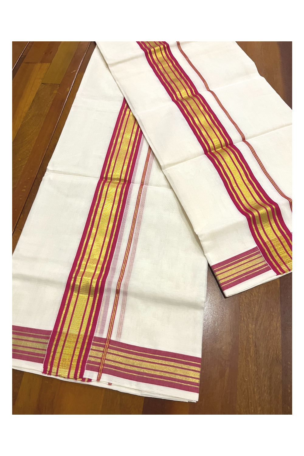 Pure Cotton Handloom Premium Kasavu Set Mundu (Mundum Neriyathum) with Pink and Kasavu Border