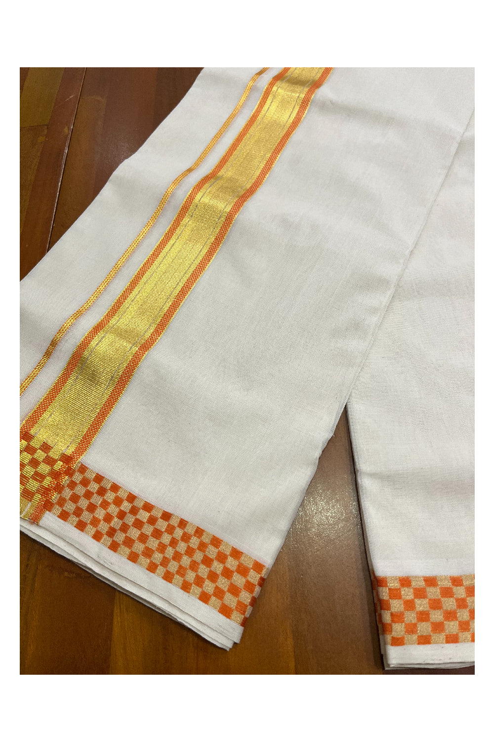 Premium Balaramapuram Handloom Unakkupaavu Cotton Double Mundu with Kasavu and Orange Paa Neythu Border (Onam 2024 Collection)