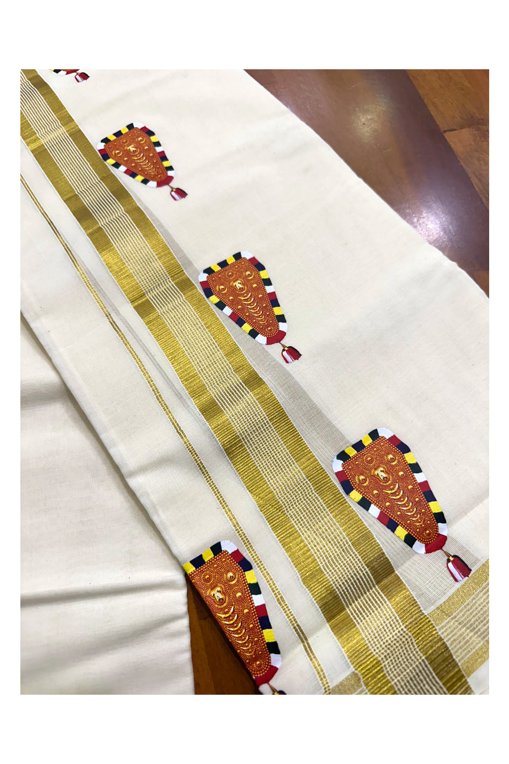 Southloom Lines Kasavu Double Mundu with Mural Print Along Kara