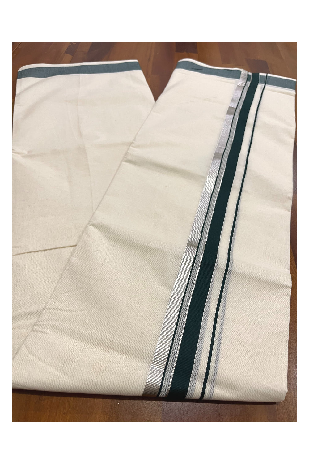 Pure Cotton Kerala Double Mundu with Dark Green and Silver Kasavu Kara (South Indian Kerala Dhoti)