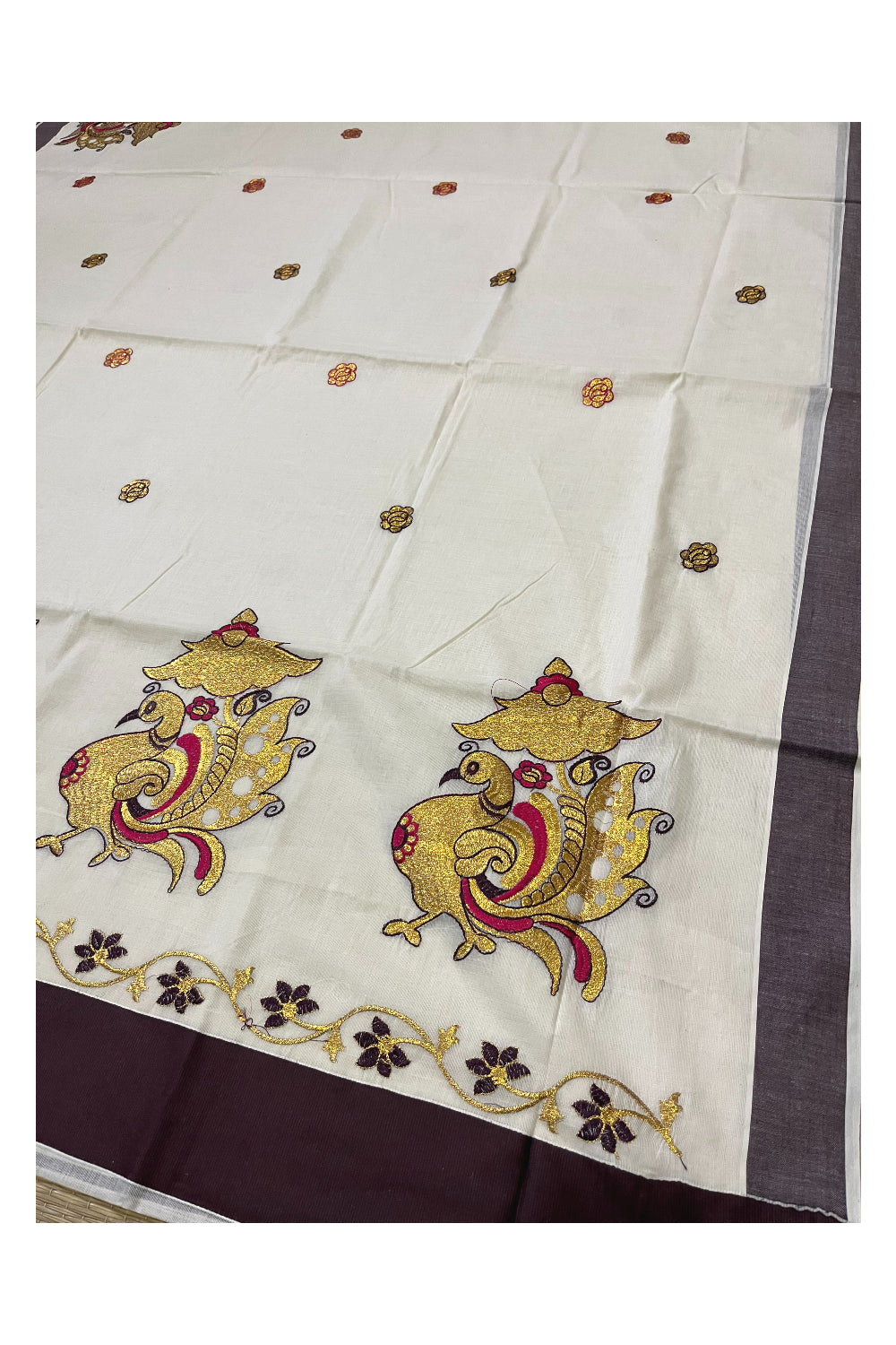 Pure Cotton Kerala Saree with Peacock Embroidery Work and Brown Border (Onam Saree 2023)