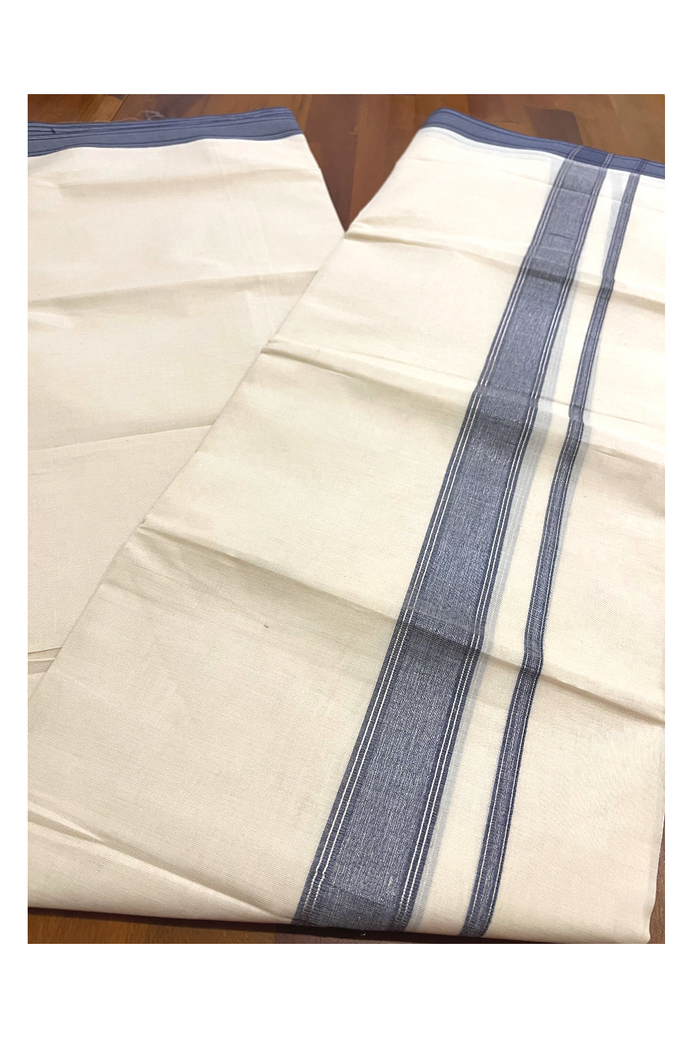 Pure Cotton 100x100 Double Mundu with Dark Blue and Silver Kasavu Line Border (Onam Mundu 2023)