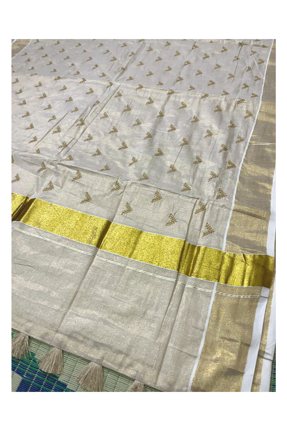 Kerala Tissue Kasavu Saree with Golden Butta Works Across Body (Onam Saree 2023)