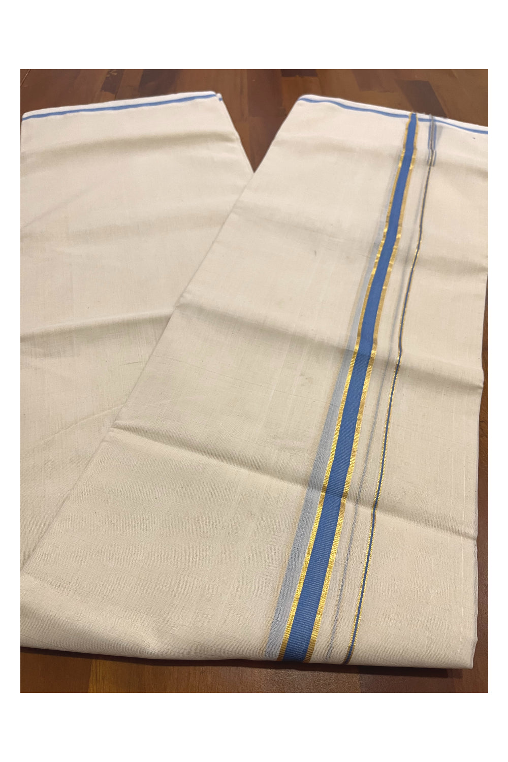 Southloom Premium Balaramapuram Unakkupaavu Handloom Mundu with Blue Puliyilakkara Kasavu Border (South Indian Kerala Dhoti)