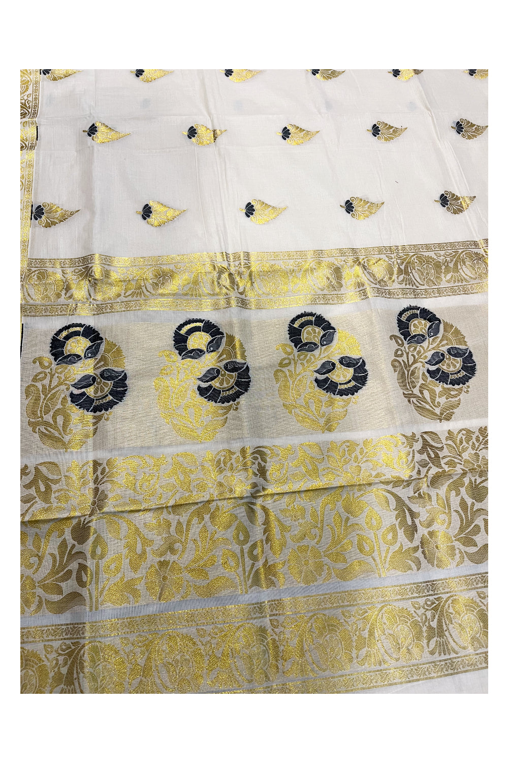 Kerala Cotton Kasavu Saree With Black and Golden Heavy Woven Works On Body