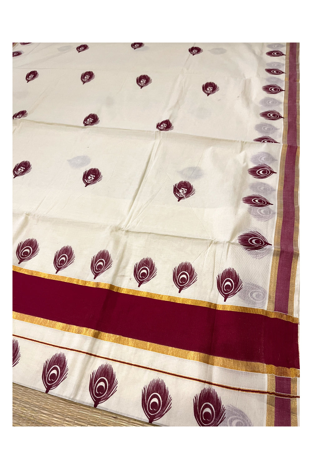 Pure Cotton Kerala Kasavu Saree with Krishna Block Printed Maroon Border