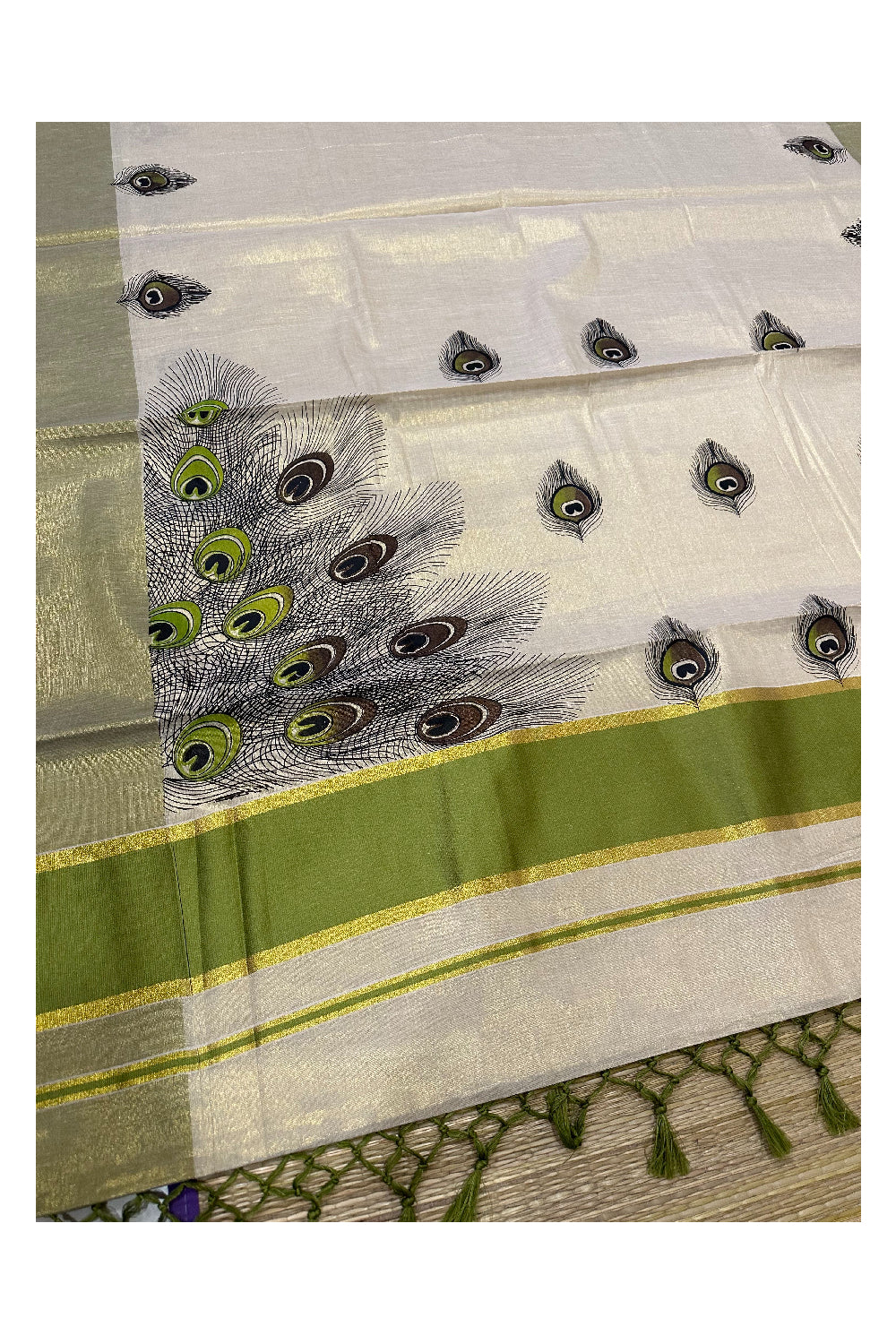 Kerala Tissue Kasavu Saree with Feather Block Prints and Light Green Border (Onam Saree 2023)