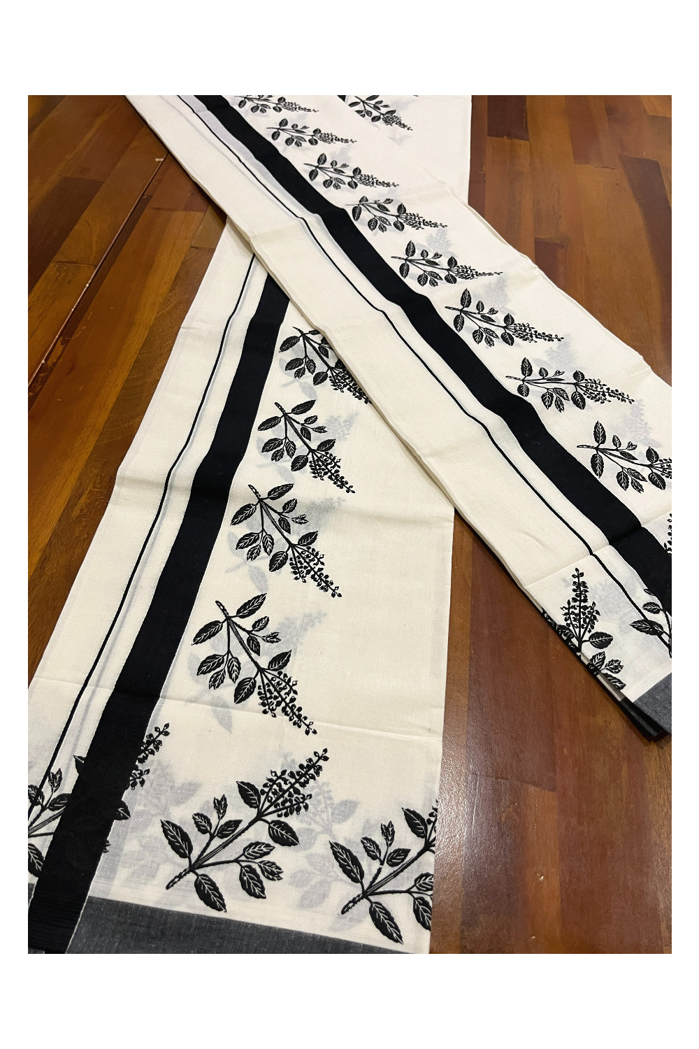 Kerala Cotton Set Mundu (Mundum Neriyathum) with Black Thulasi Kathir Block Prints 2.80 Mtrs