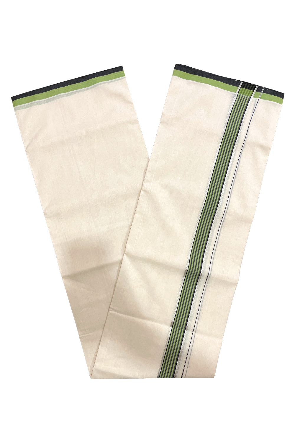 Southloom Premium Balaramapuram Unakkupaavu Handloom Mundu with Green Black and Silver Kasavu Border (South Indian Kerala Dhoti)