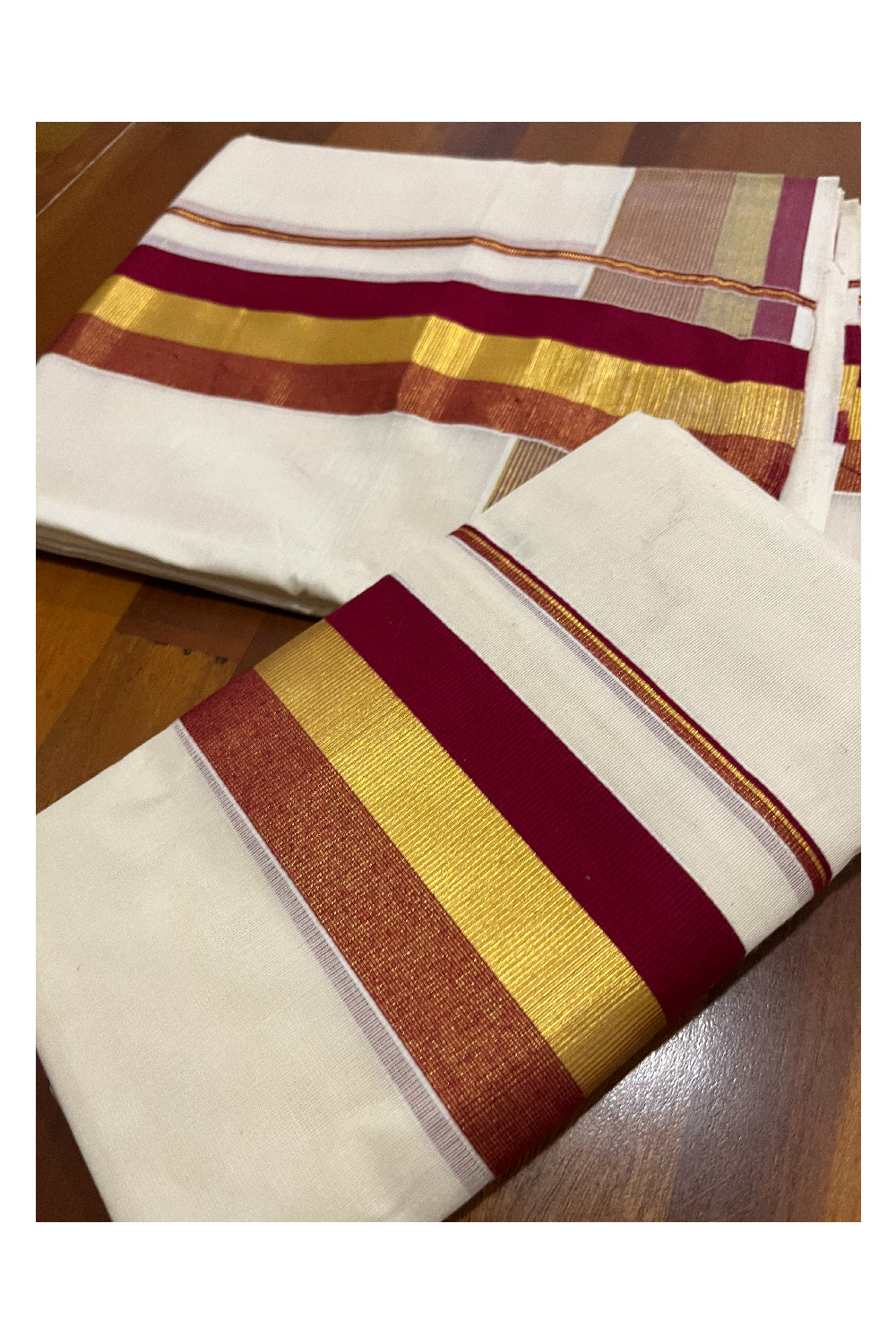 Pure Cotton Kerala Onam 2023 Set Mundu (Mundum Neriyathum) Single with Maroon and Kasavu Border 2.80 Mtrs