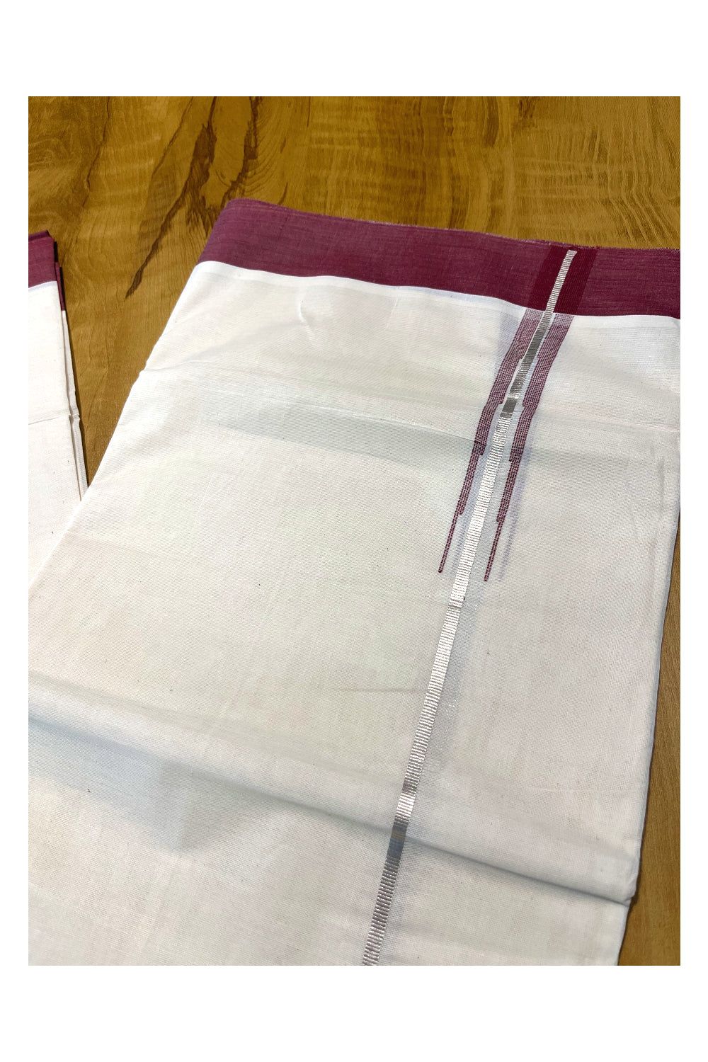 Pure Cotton Off White Double Mundu with Silver Kasavu and Maroon Chutti Border (South Indian Kerala Dhoti)