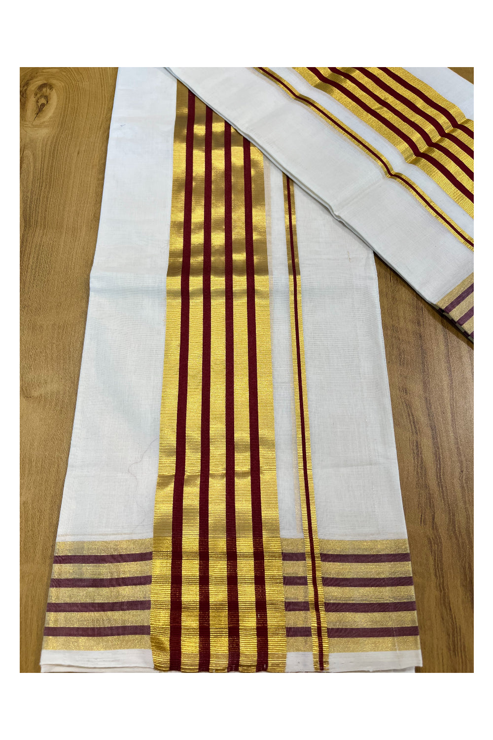 Southloom  Premium Handloom Cotton Set Mundu (Mundum Neriyathum) with Kasavu and Maroon Lines Border 2.80 Mtrs