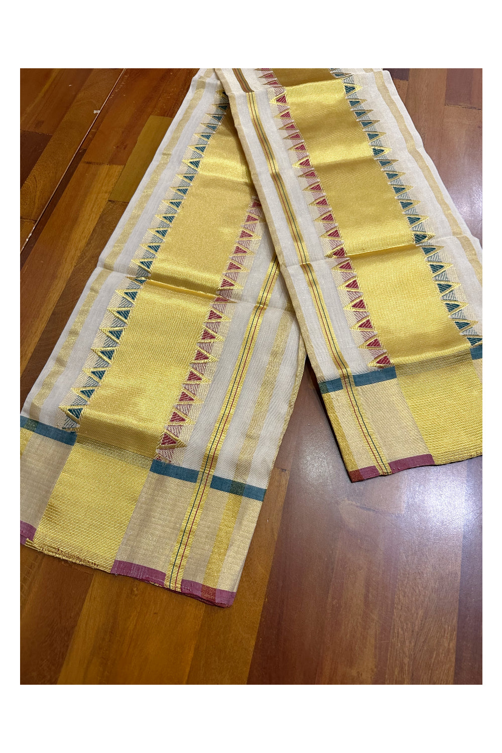 Southloom Handloom Premium Tissue Kasavu Set Mundu Green And Maroon Temple Woven Patterns With Kasavu Lines Across Body (Mundum Neriyathum) 2.70 Mtrs