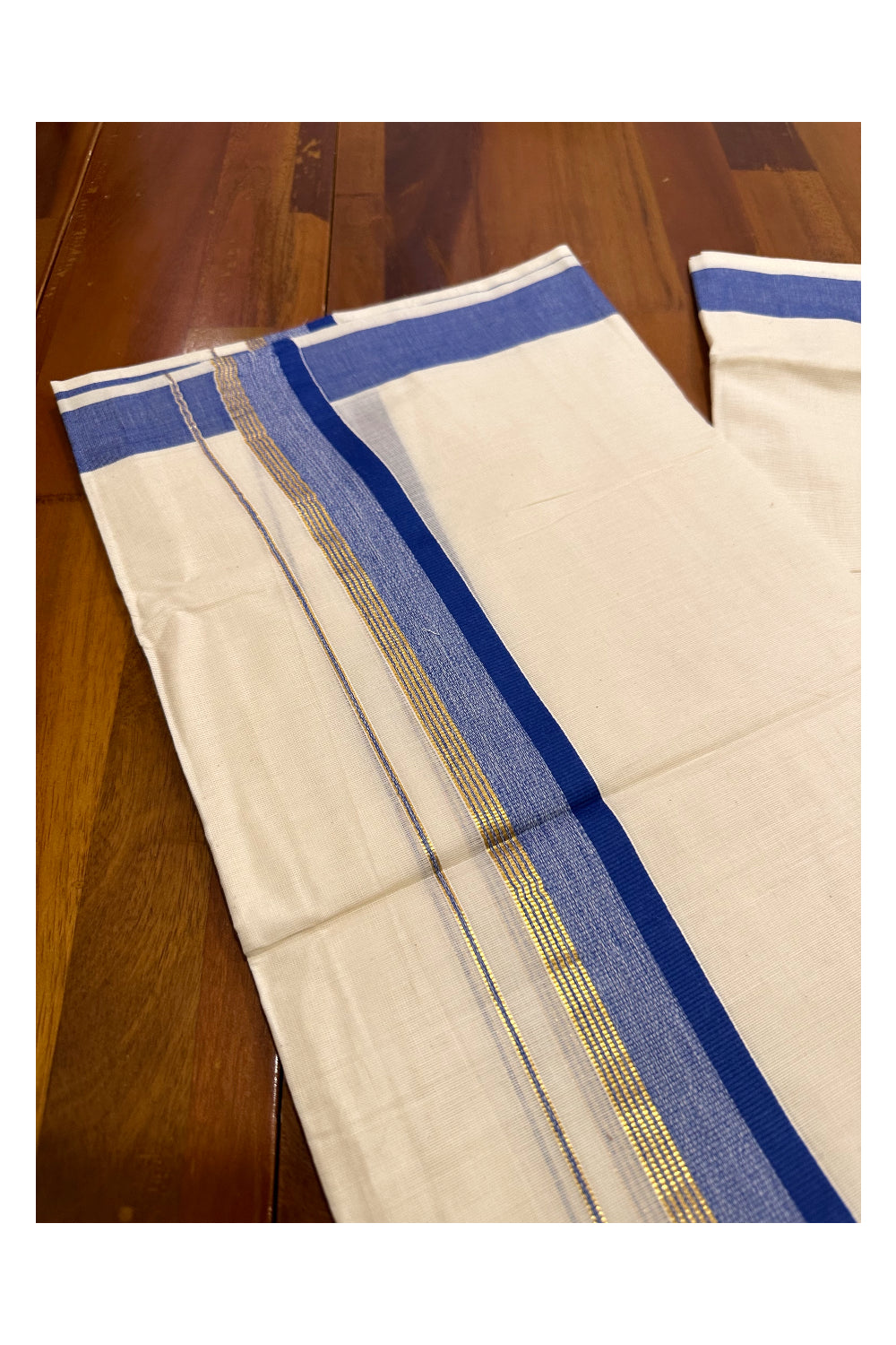 Kerala Cotton Double Mundu with Blue and Kasavu Border (Onam Mundu 2023)