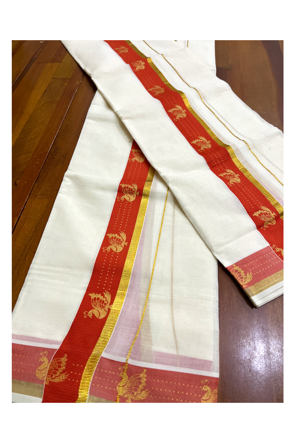 Kerala Pure Cotton Single Set Mundu (Mundum Neriyathum) with Block Prints on Orange and Kasav Border