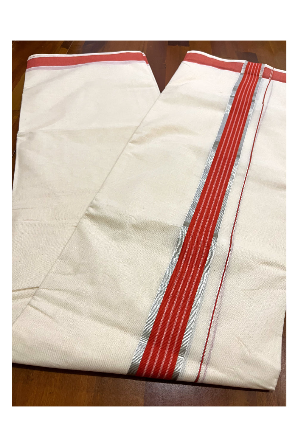 Kerala Cotton Double Mundu with Orange and Silver Kasavu Line Border (Onam Mundu 2023)