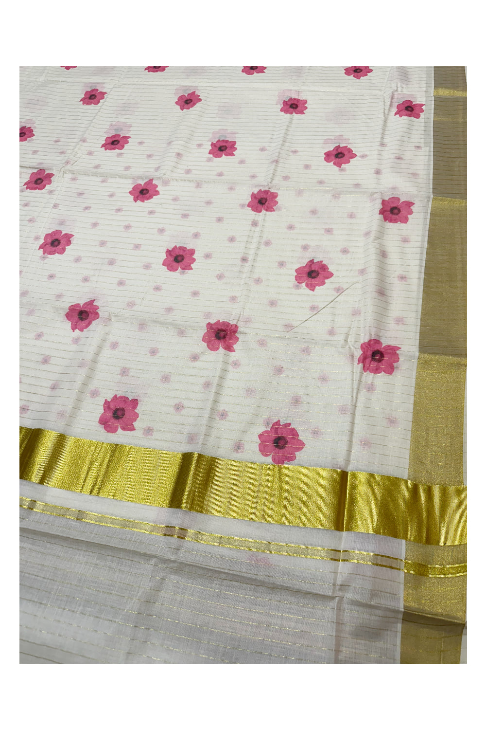 Southloom Onam Special Kasavu Lines Saree with Digital Printed Classy Floral Designs in Pink  (Printed Matching Blouse Included)