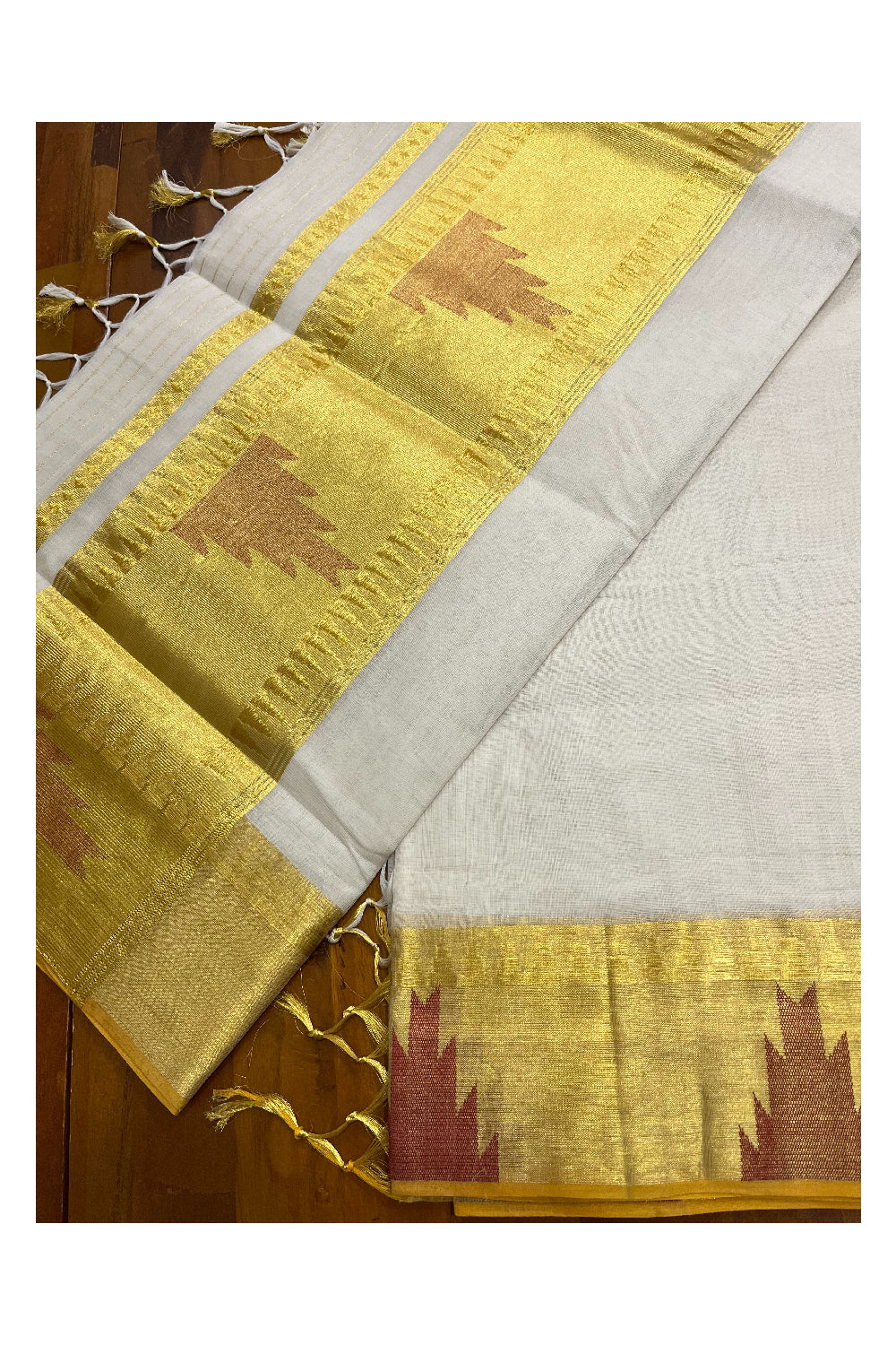 Southloom Super Premium Balaramapuram Unakkupaavu Handloom Kasavu Saree with Red Temple Handwoven Works