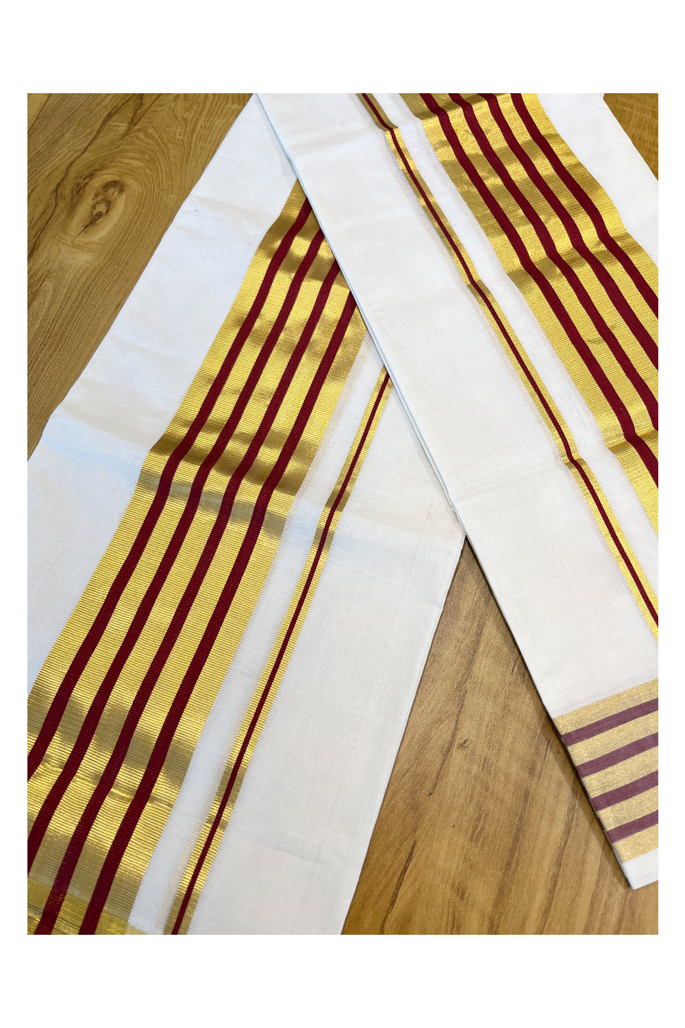 Southloom  Premium Handloom Cotton Set Mundu (Mundum Neriyathum) with Kasavu and Maroon Lines Border 2.80 Mtrs