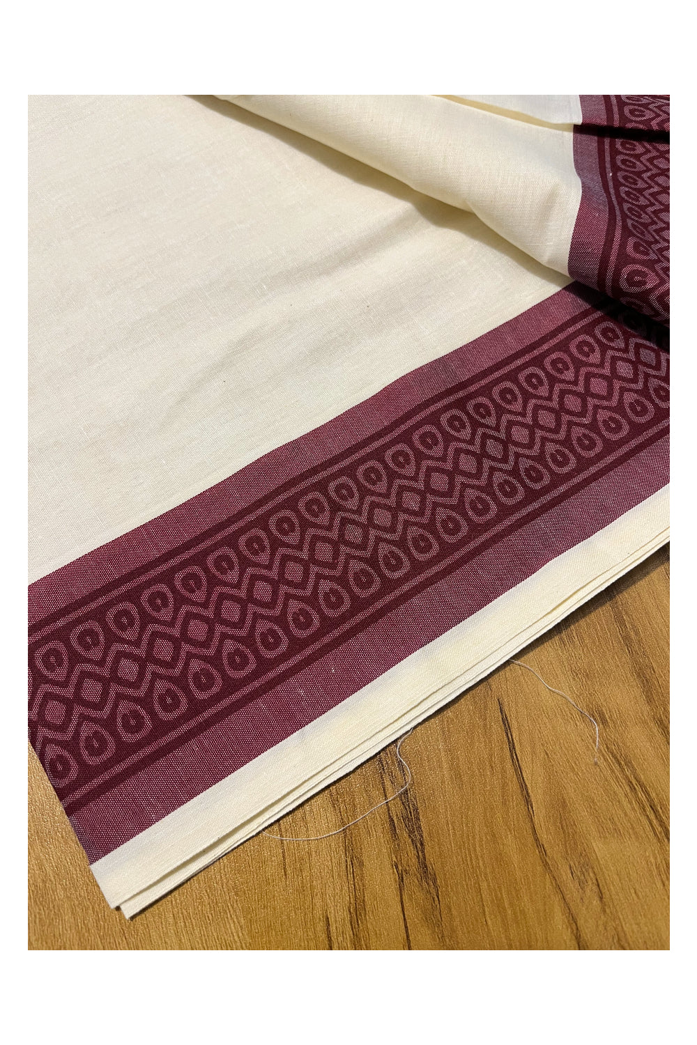 Kerala Cotton Single Set Mundu (Mundum Neriyathum) with Maroon Block print Border 2.80Mtrs