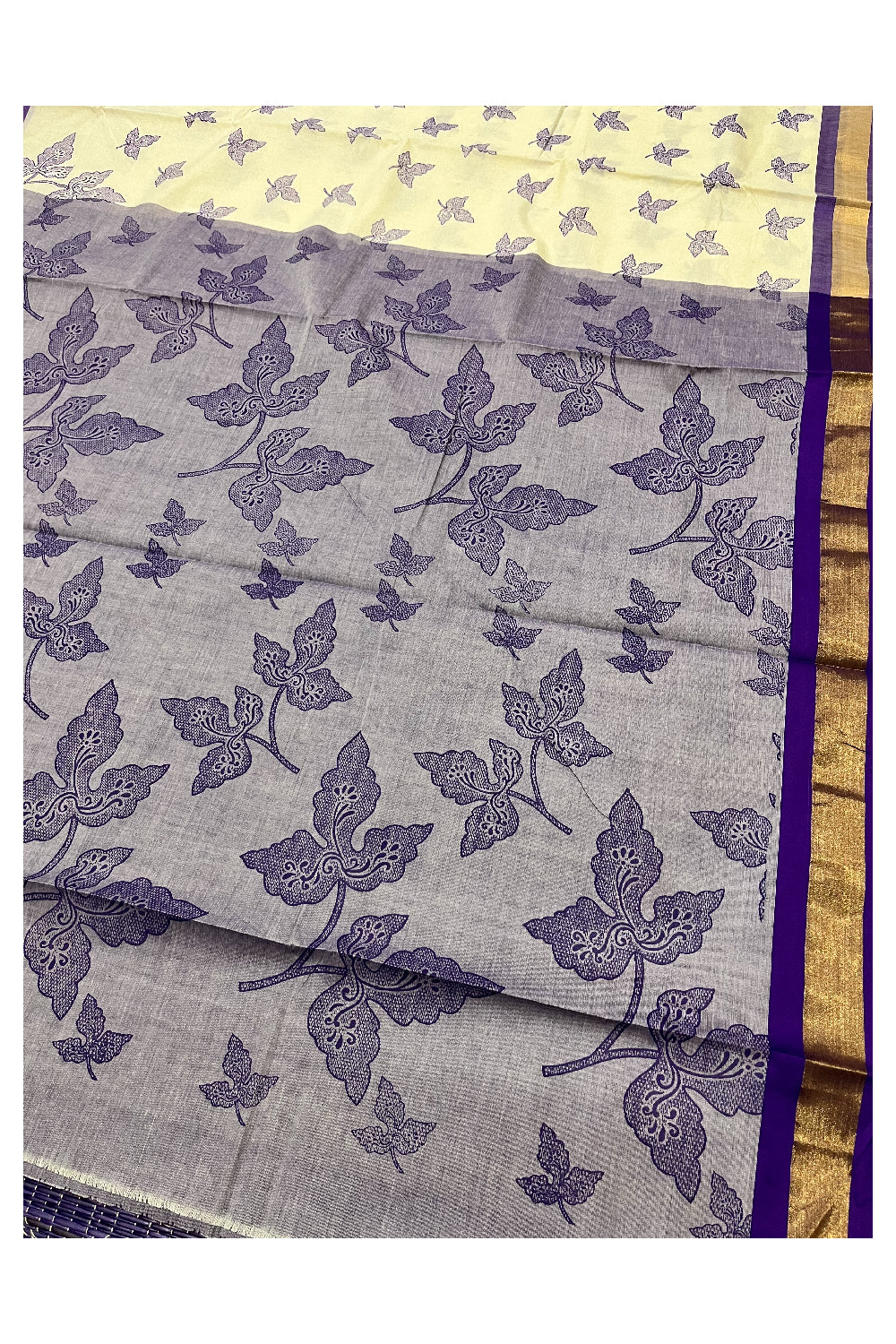 Pure Cotton Kerala Saree with Viole Block Print Leaf Designs and Kasavu Border (Vishu 2024 Collection)