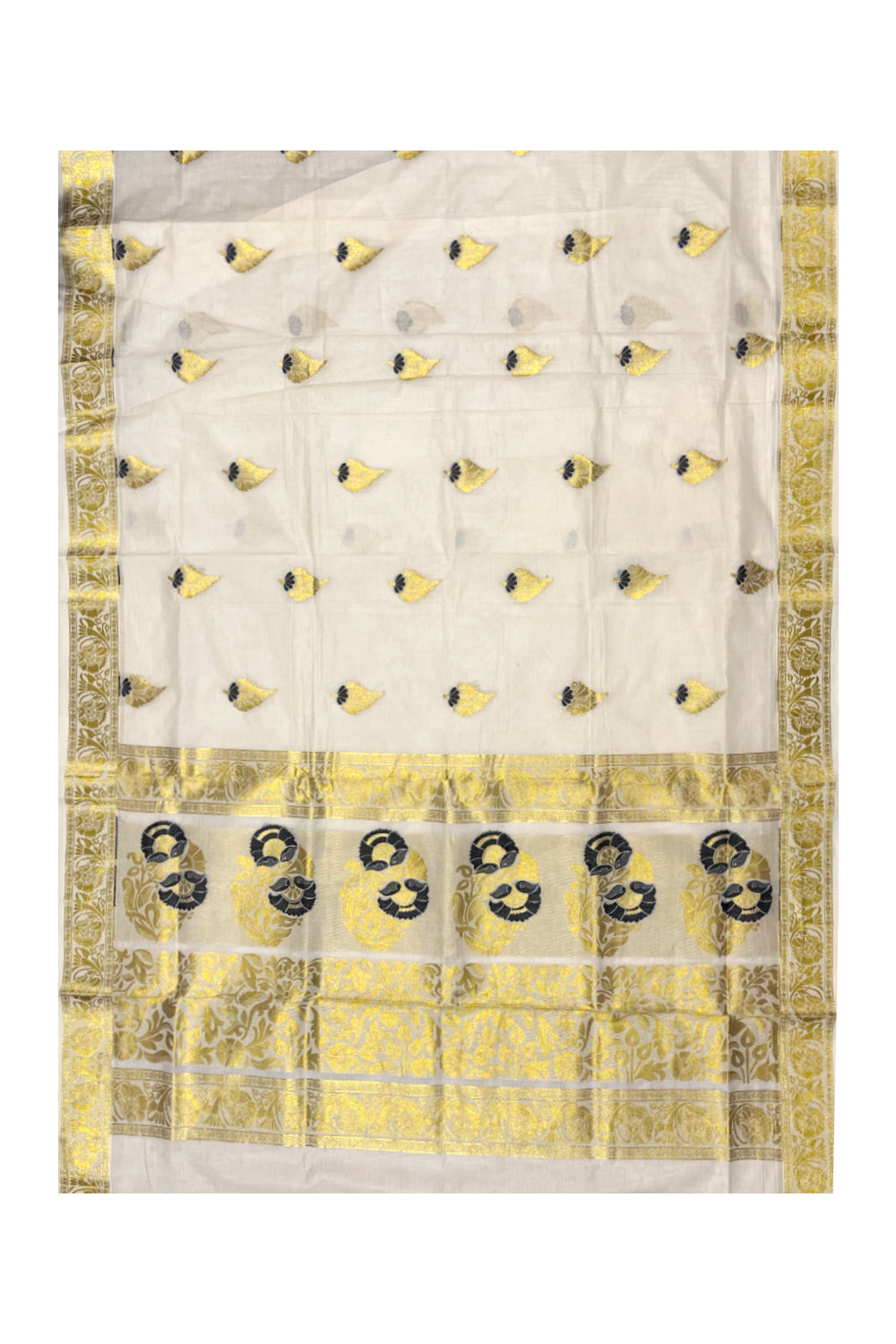 Kerala Cotton Kasavu Saree With Black and Golden Heavy Woven Works On Body