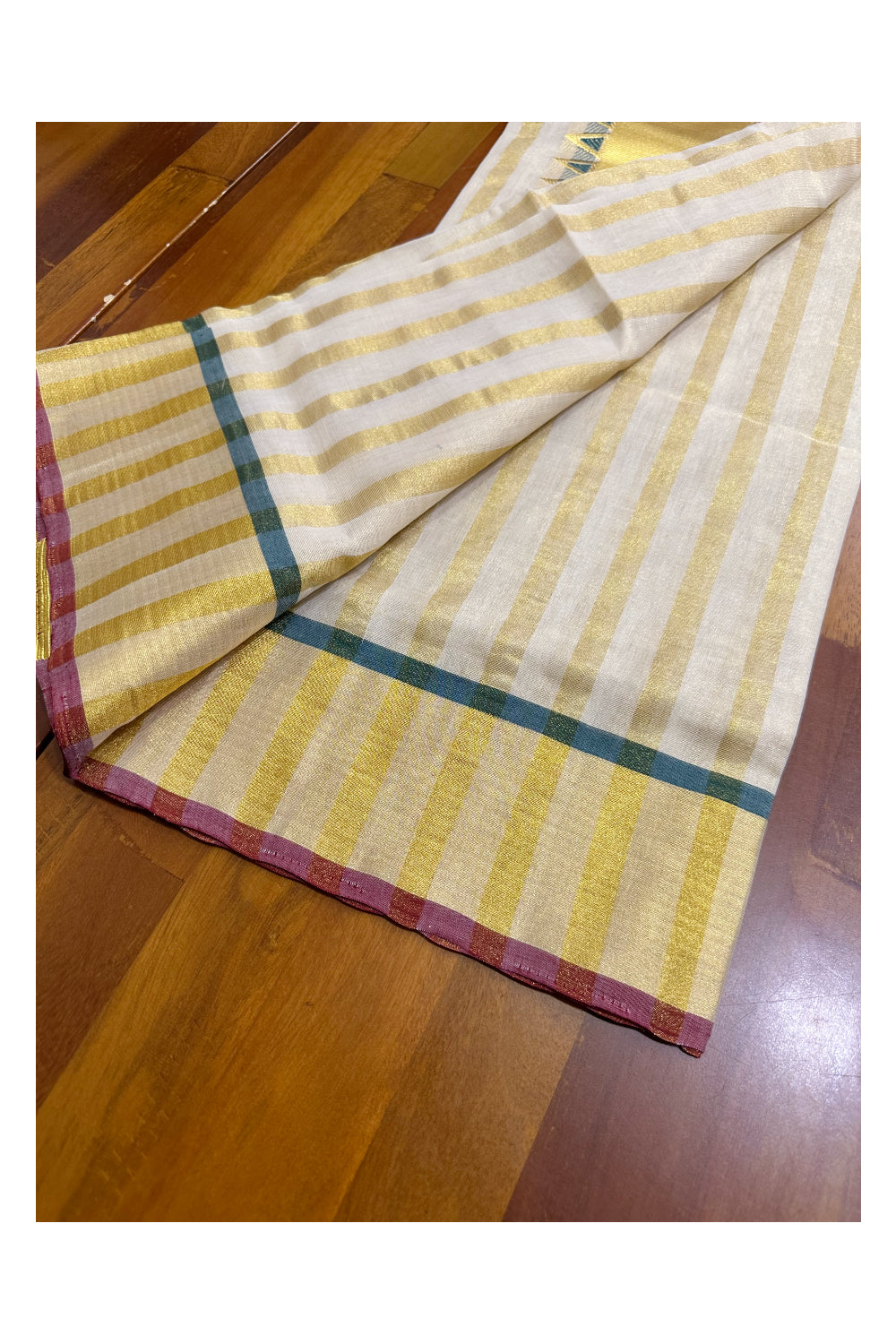 Southloom Handloom Premium Tissue Kasavu Set Mundu Green And Maroon Temple Woven Patterns With Kasavu Lines Across Body (Mundum Neriyathum) 2.70 Mtrs