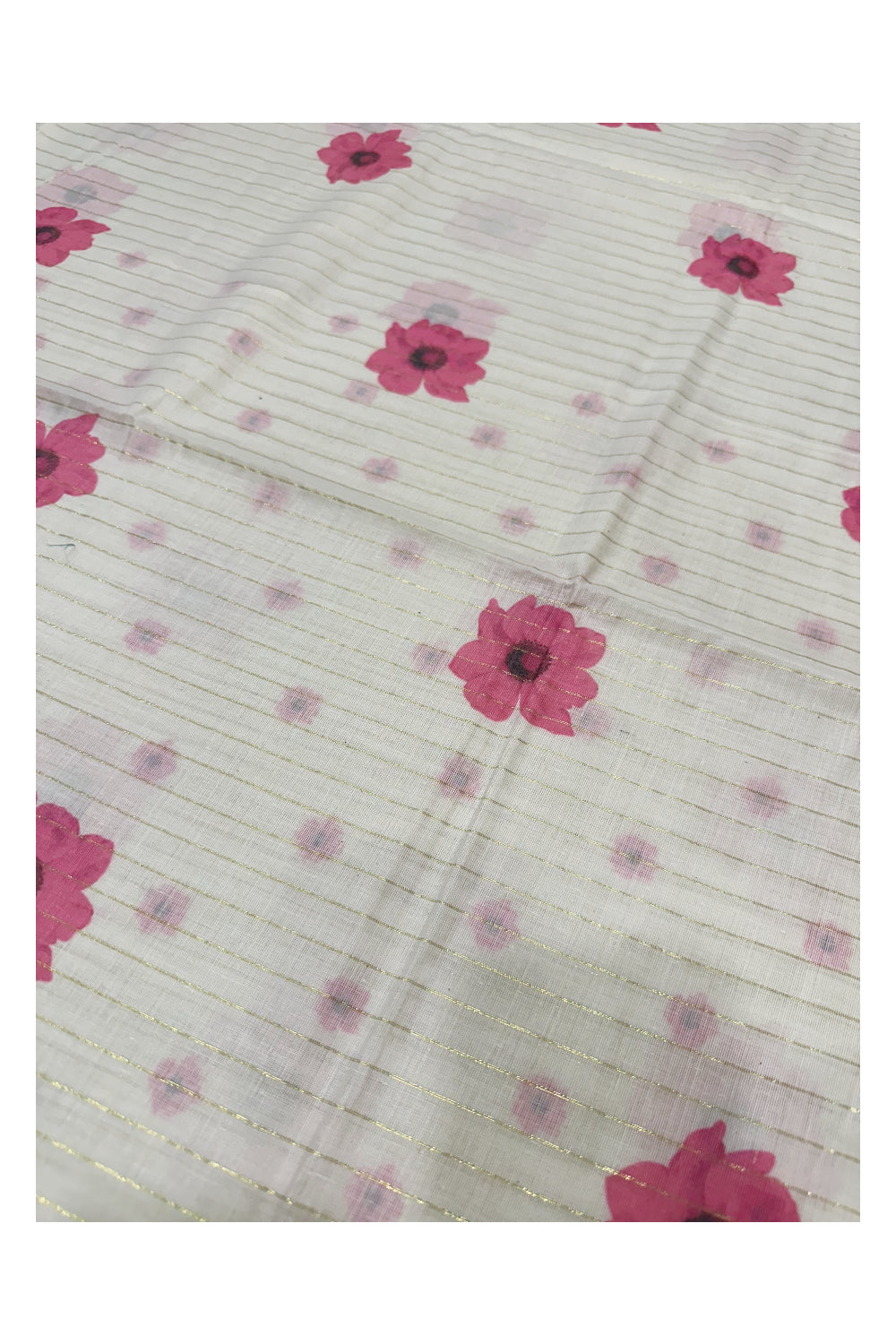 Southloom Onam Special Kasavu Lines Saree with Digital Printed Classy Floral Designs in Pink  (Printed Matching Blouse Included)