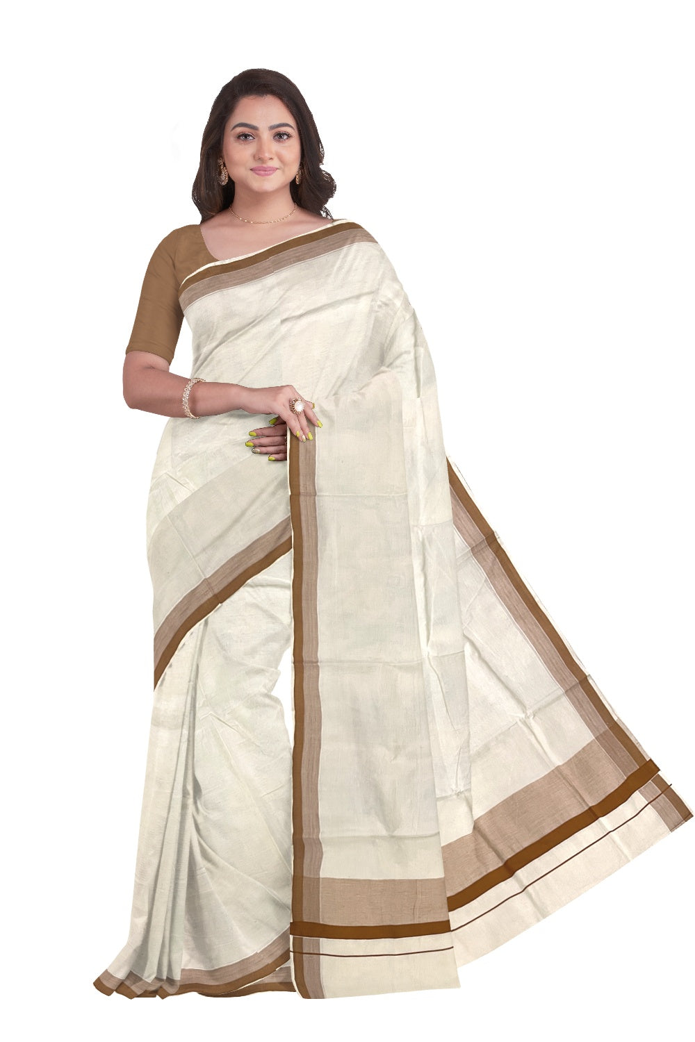 Pure Cotton Off White Kerala Saree with Brown Shaded Border