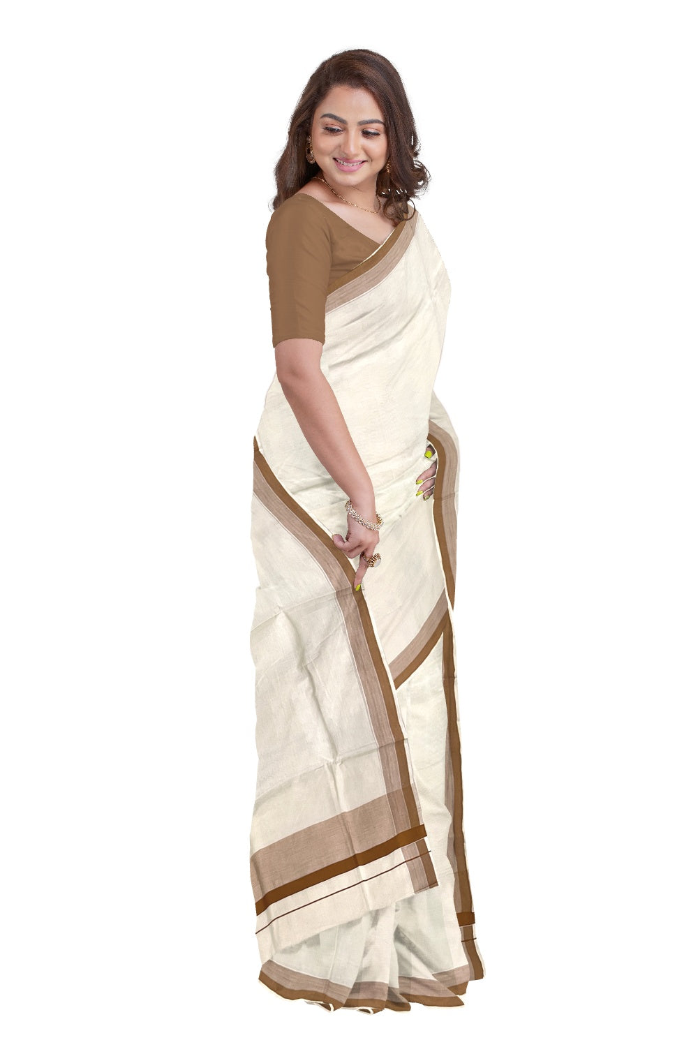 Pure Cotton Off White Kerala Saree with Brown Shaded Border