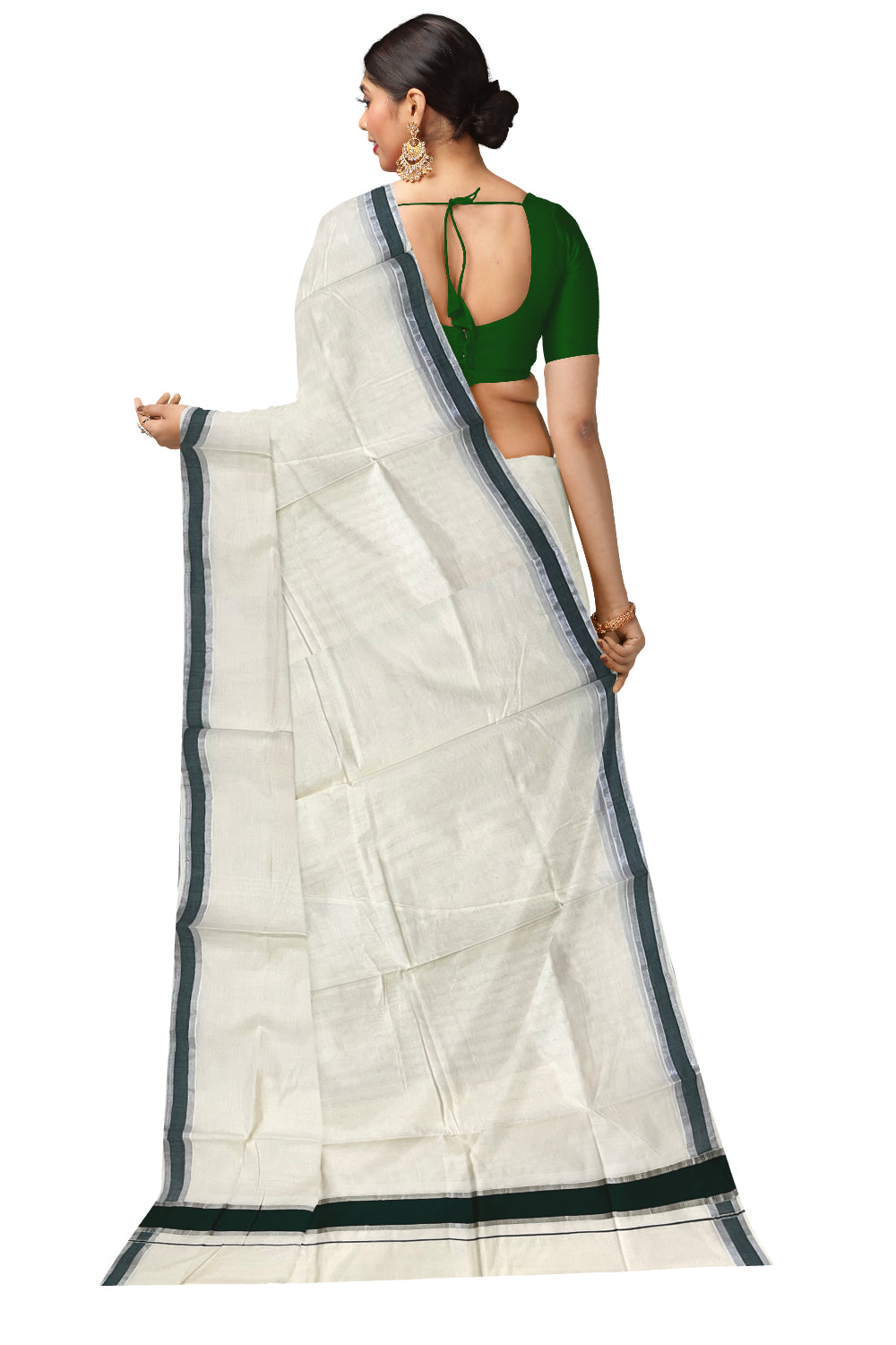 Pure Cotton Kerala Saree with Dark Green and Silver Kasavu Border