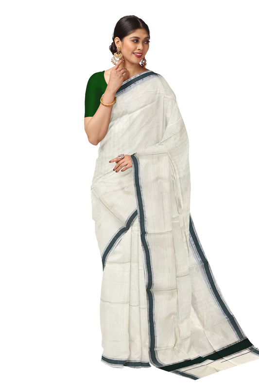 Pure Cotton Kerala Saree with Dark Green and Silver Kasavu Border