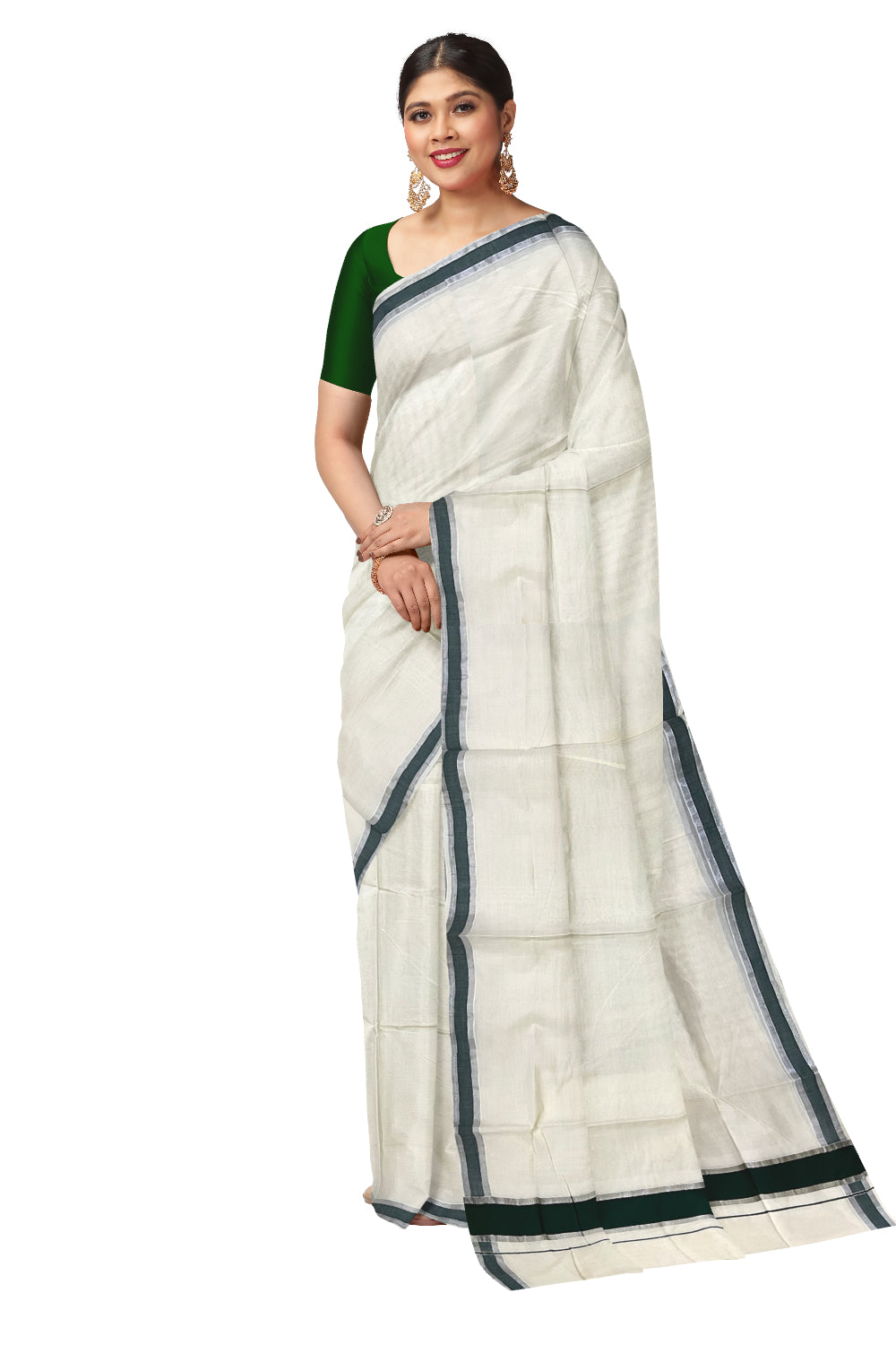 Pure Cotton Kerala Saree with Dark Green and Silver Kasavu Border