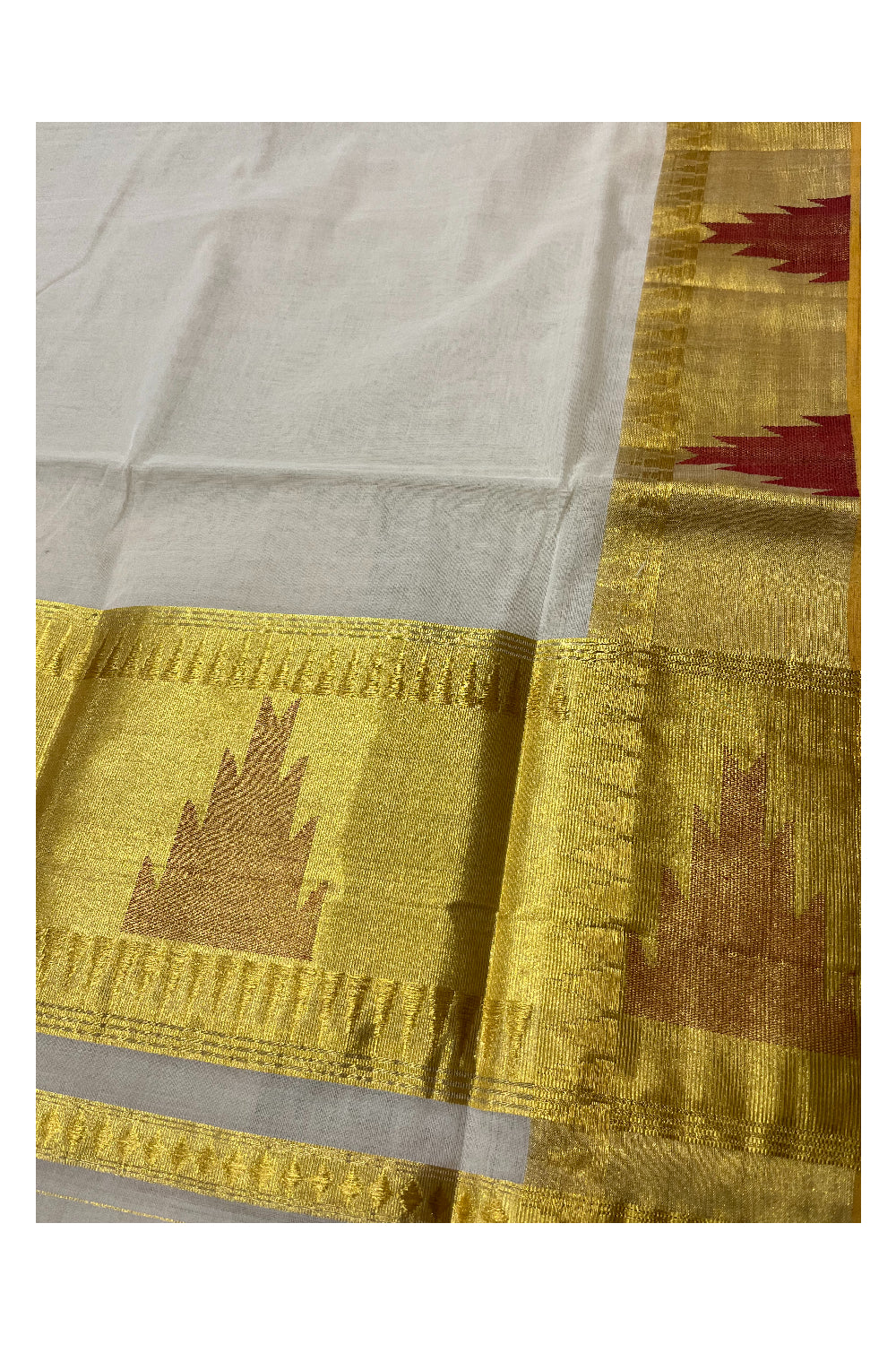 Southloom Super Premium Balaramapuram Unakkupaavu Handloom Kasavu Saree with Red Temple Handwoven Works