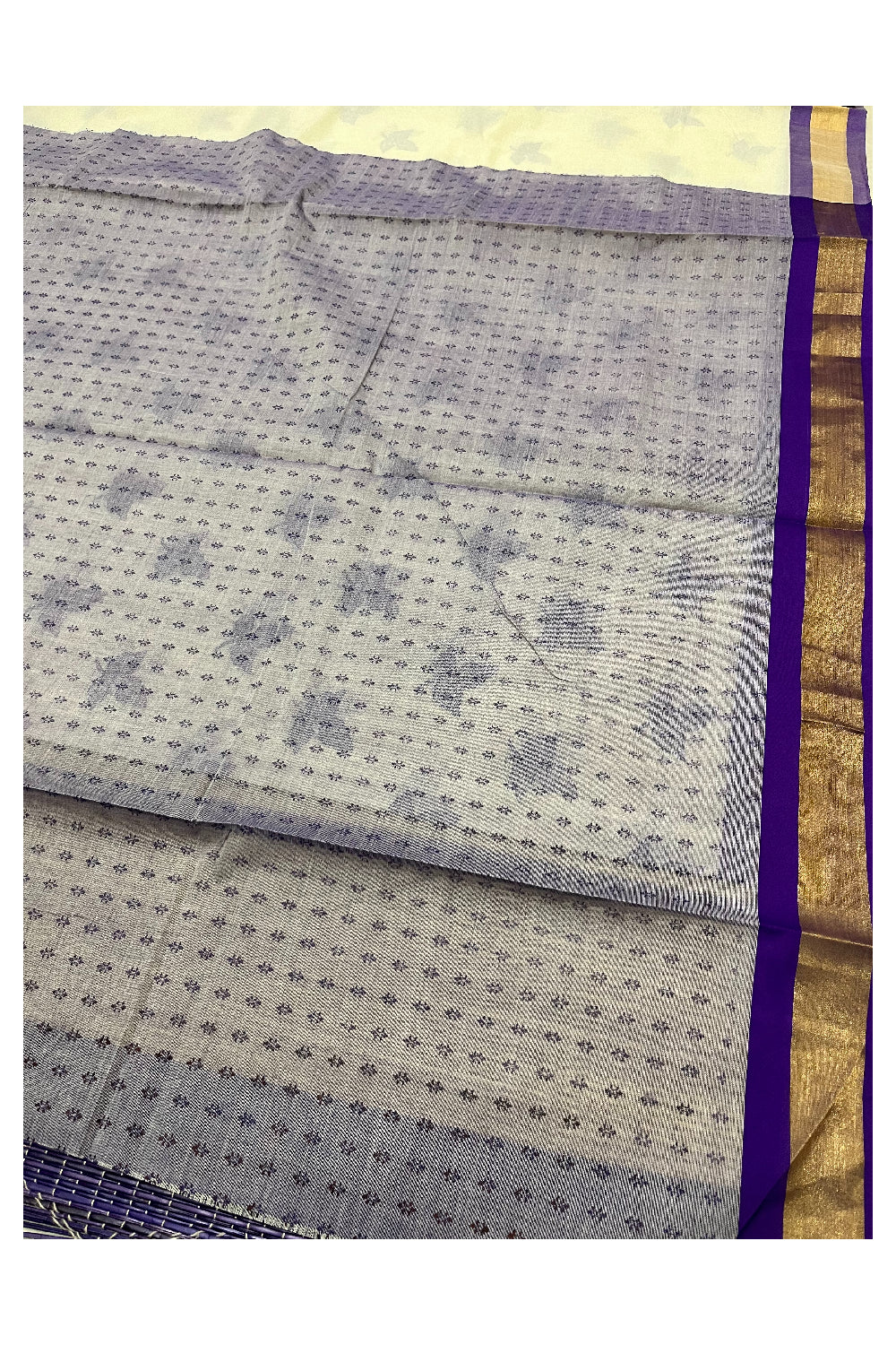 Pure Cotton Kerala Saree with Viole Block Print Leaf Designs and Kasavu Border (Vishu 2024 Collection)