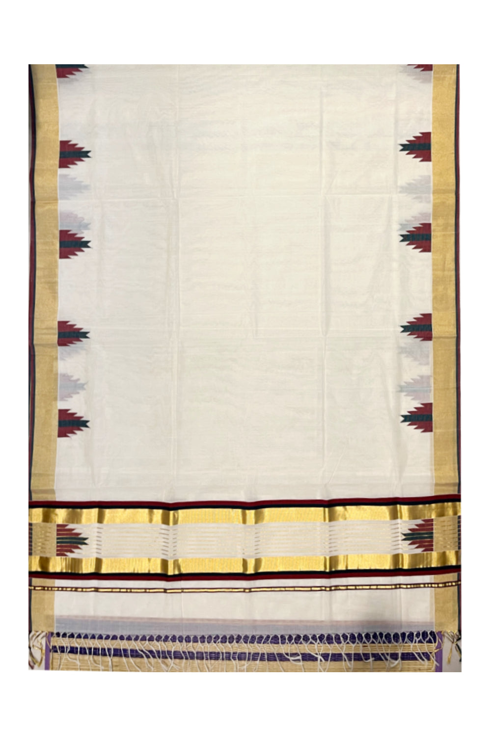 Southloom Premium Handloom Cotton Kasavu Saree with Maroon And Green Temple Woven Design Border