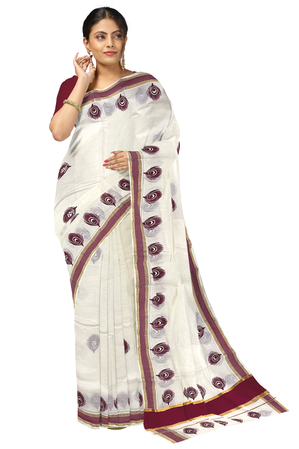 Pure Cotton Kerala Kasavu Saree with Krishna Block Printed Maroon Border