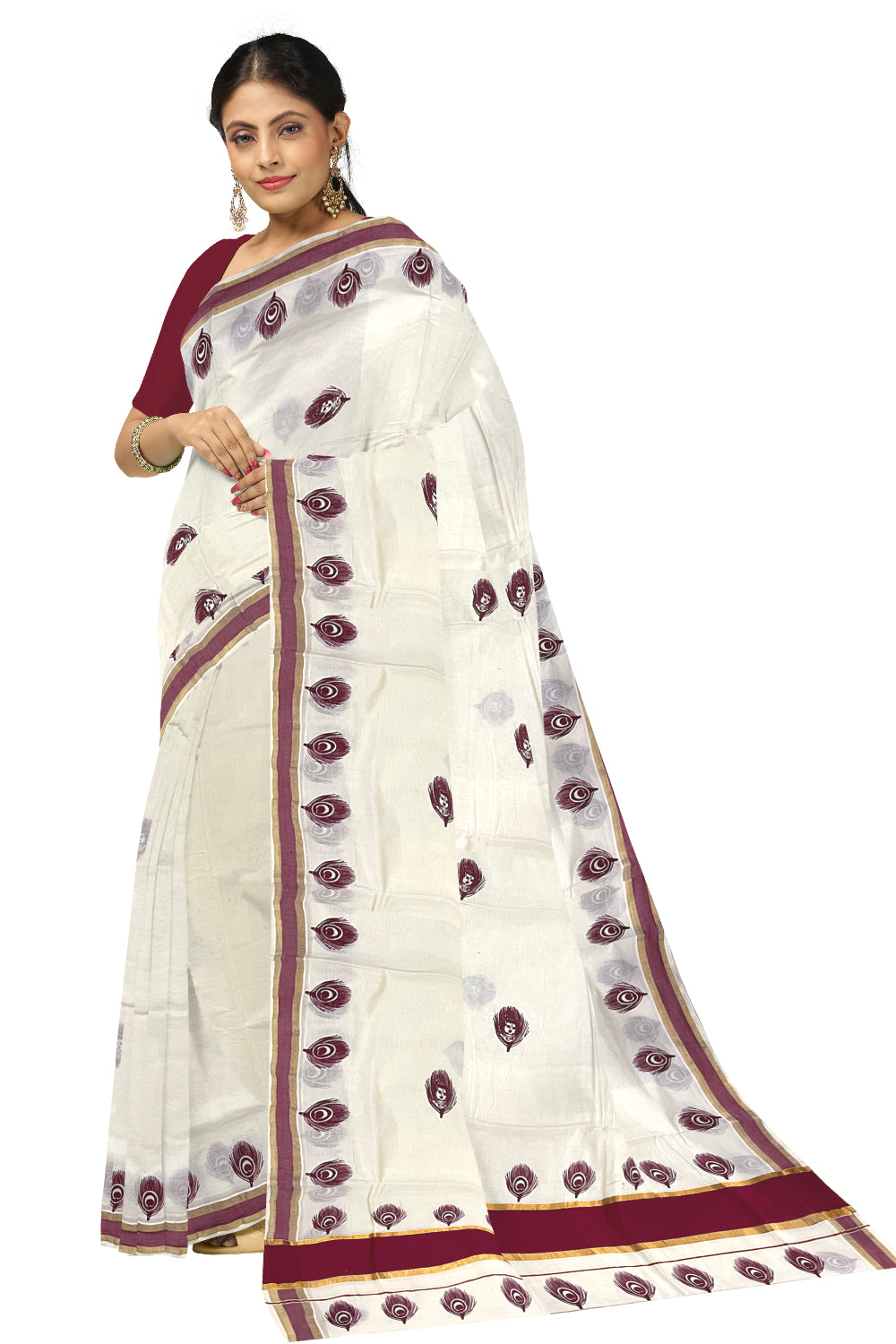 Pure Cotton Kerala Kasavu Saree with Krishna Block Printed Maroon Border