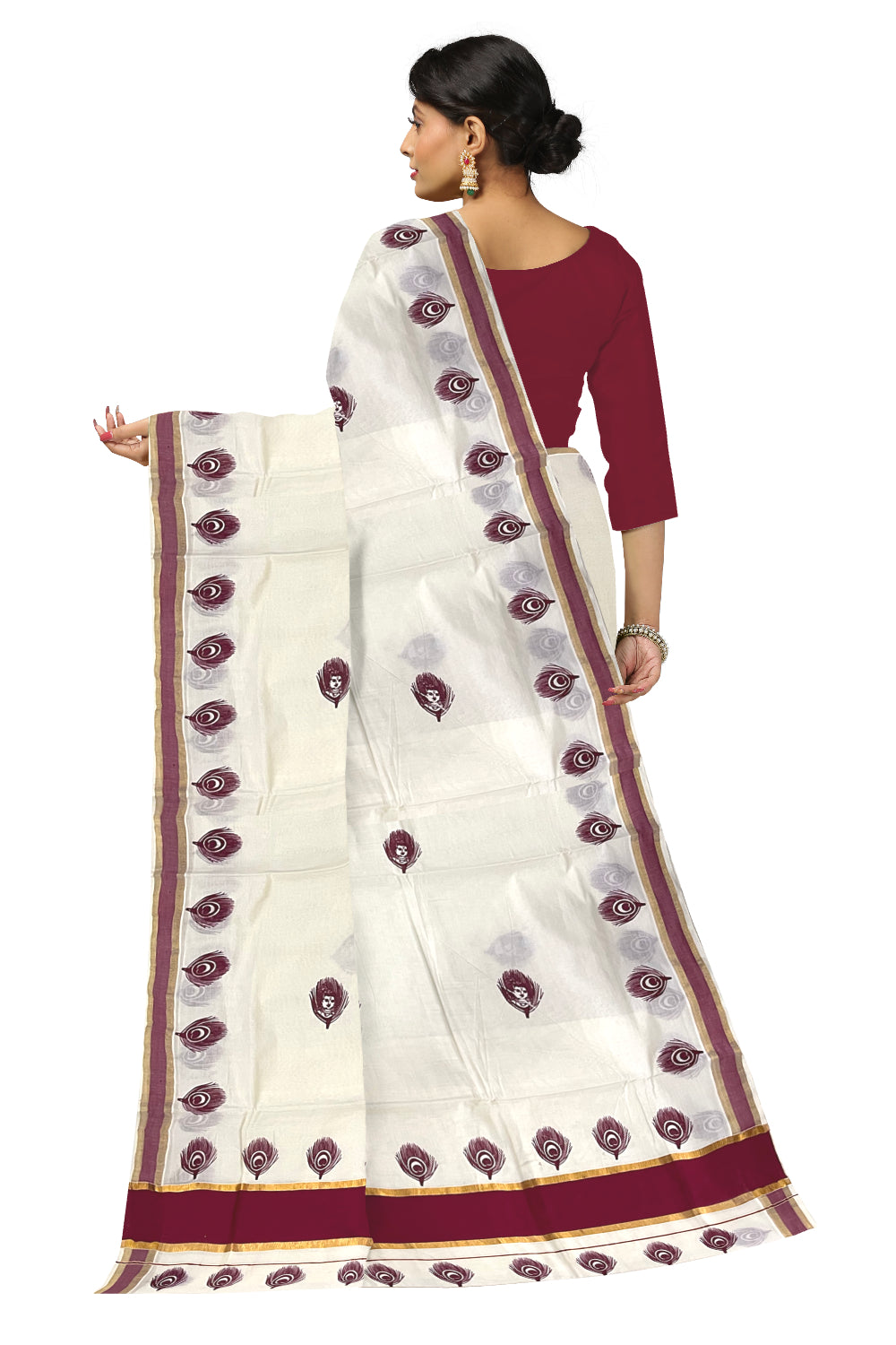 Pure Cotton Kerala Kasavu Saree with Krishna Block Printed Maroon Border