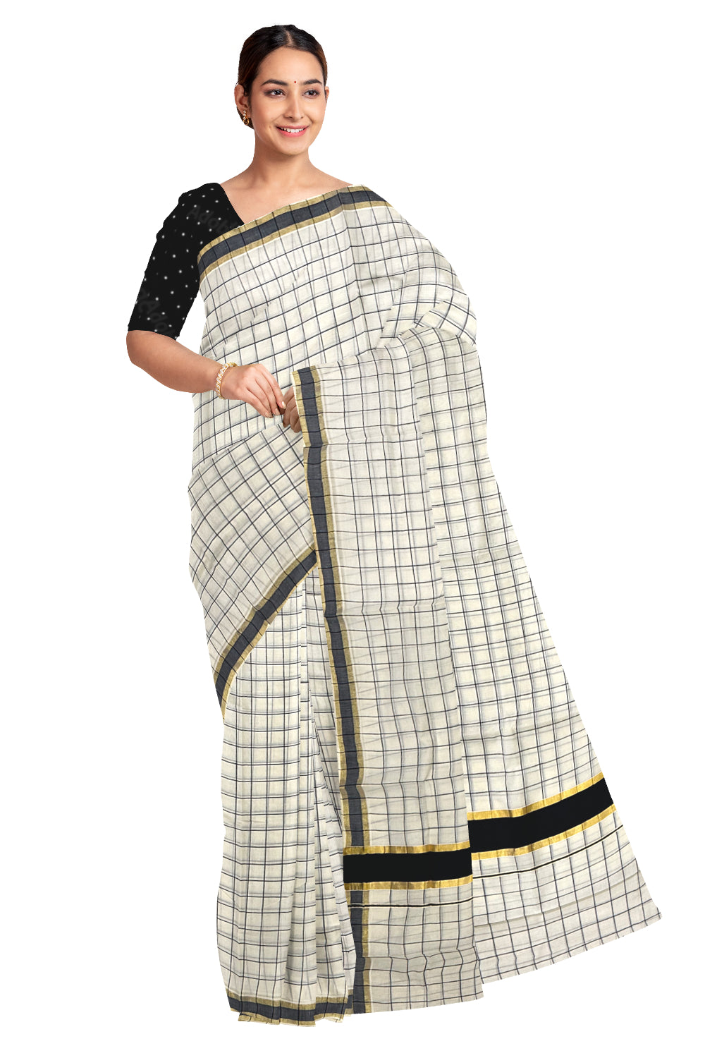 Kerala Woven Check Design Saree with Kasavu and Black Border (Onam Saree 2023)