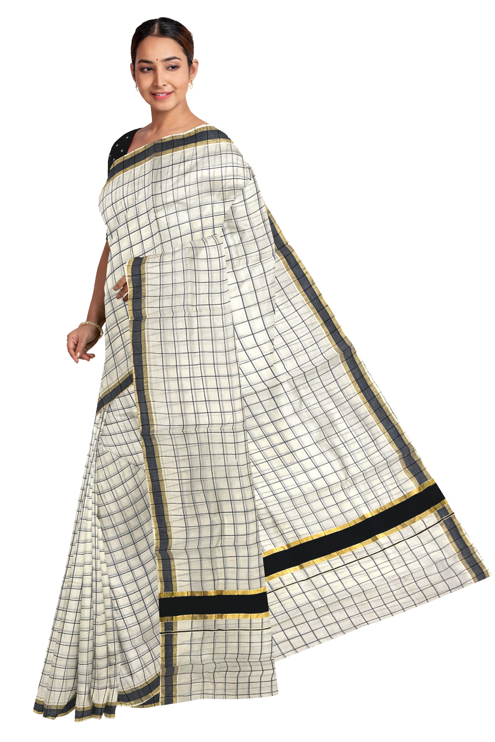 Kerala Woven Check Design Saree with Kasavu and Black Border (Onam Saree 2023)