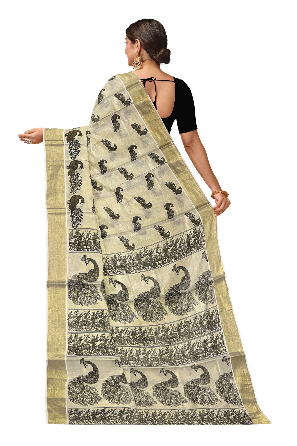 Kerala Tissue Kasavu Saree with Peacock Block Printed Design