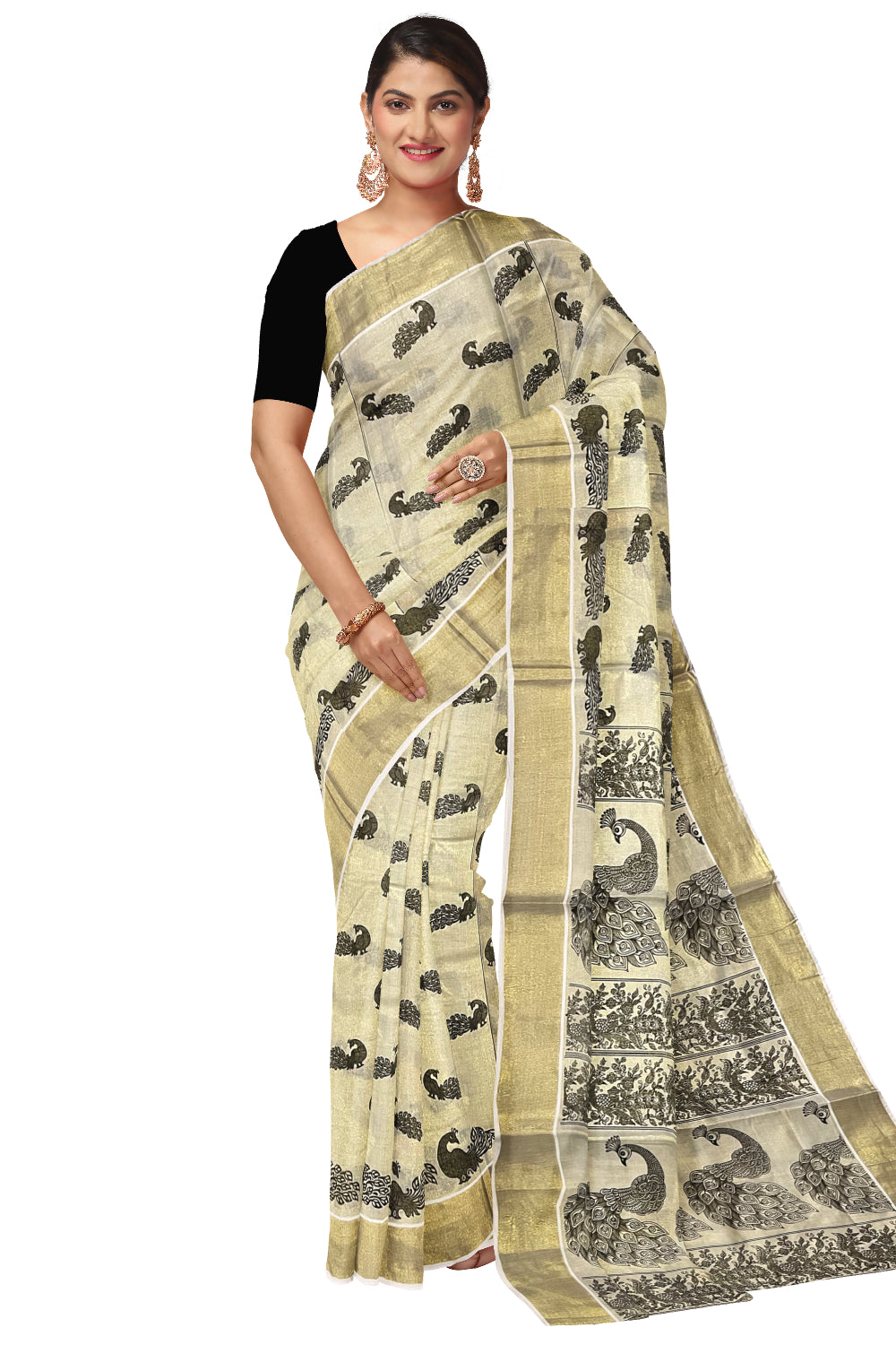 Kerala Tissue Kasavu Saree with Peacock Block Printed Design