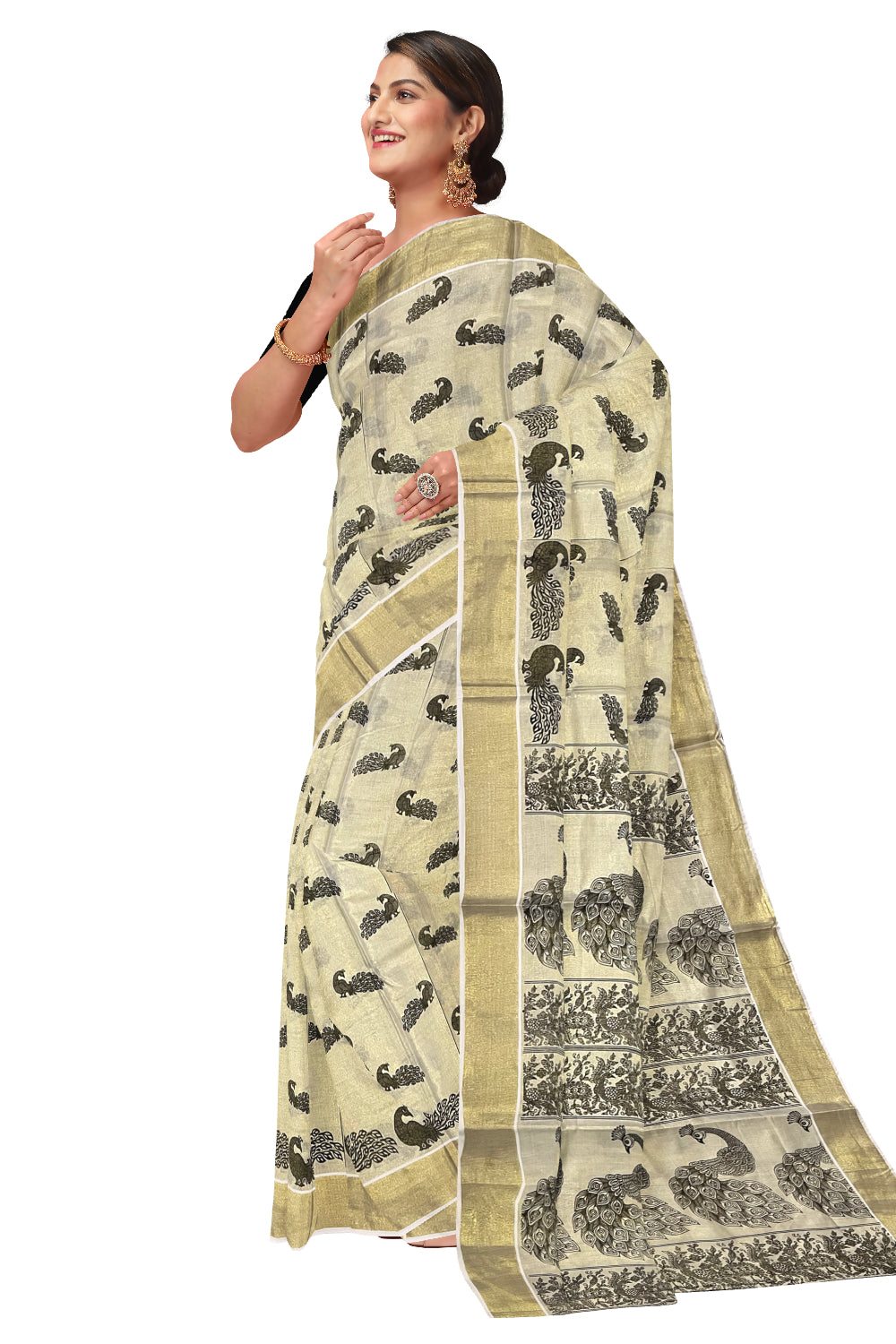 Kerala Tissue Kasavu Saree with Peacock Block Printed Design