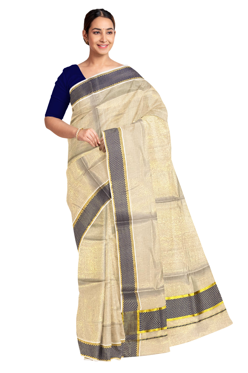 Kerala Kasavu Tissue Saree with Blue Paa Neythu Border