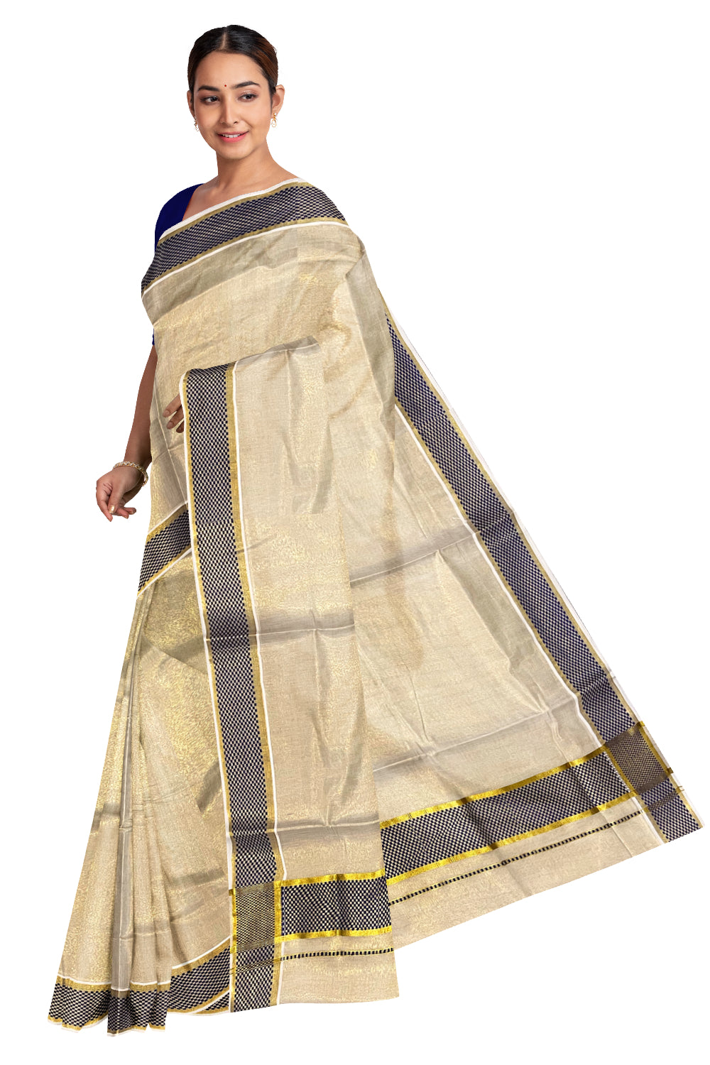 Kerala Kasavu Tissue Saree with Blue Paa Neythu Border