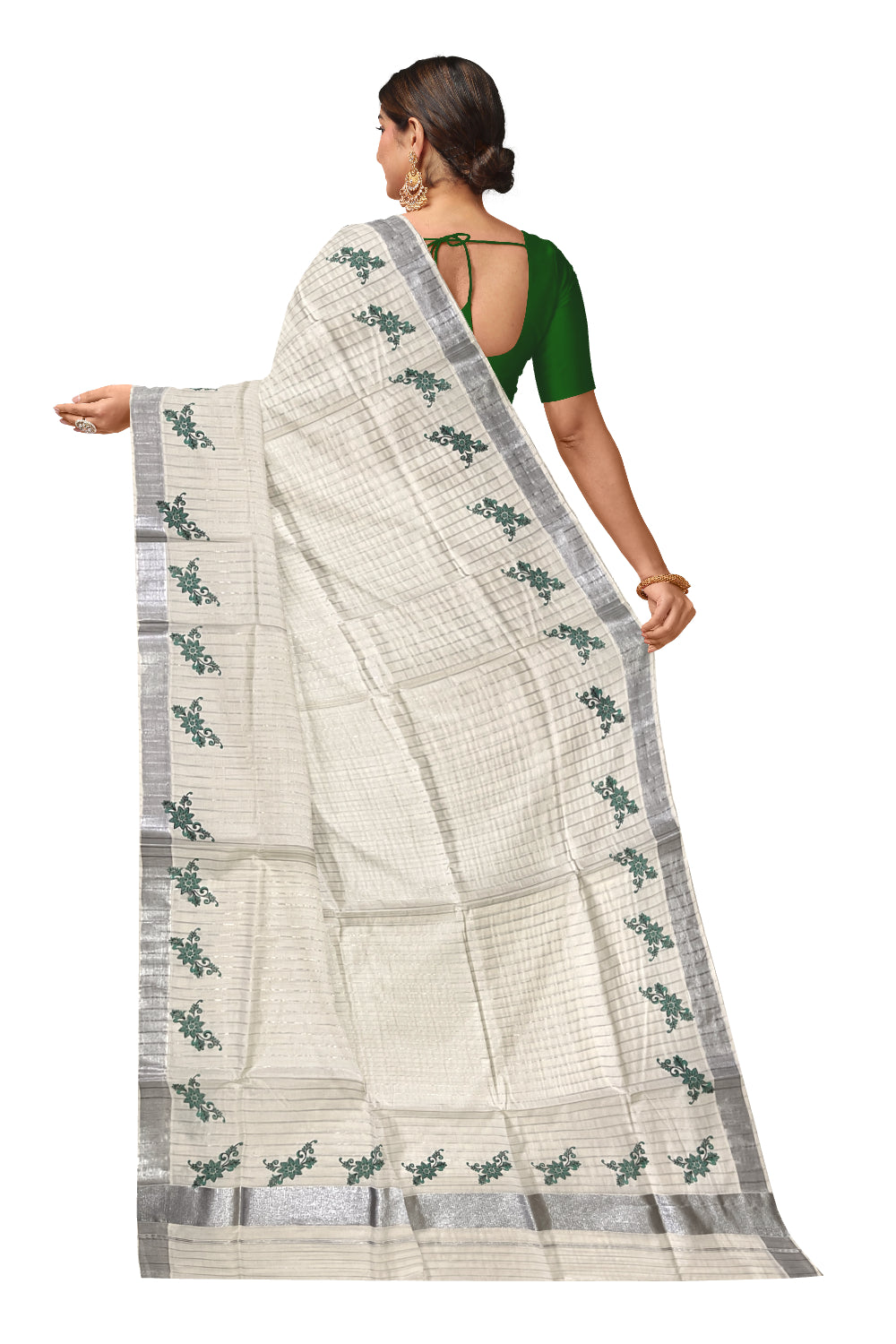 Pure Cotton Kerala Saree with Silver Lines and Green Floral Block Prints on Border