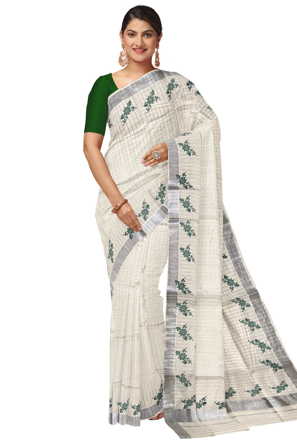 Pure Cotton Kerala Saree with Silver Lines and Green Floral Block Prints on Border