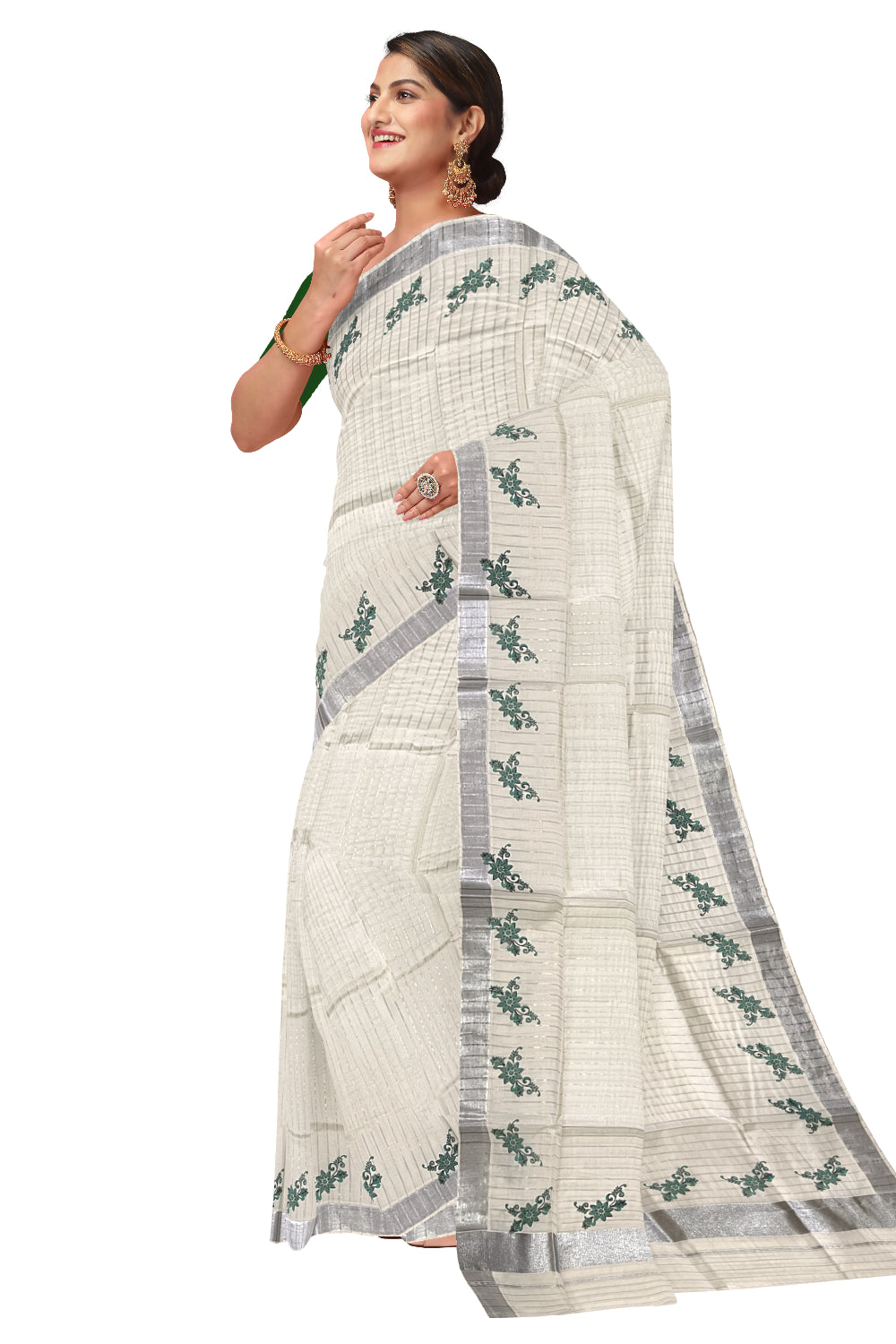 Pure Cotton Kerala Saree with Silver Lines and Green Floral Block Prints on Border